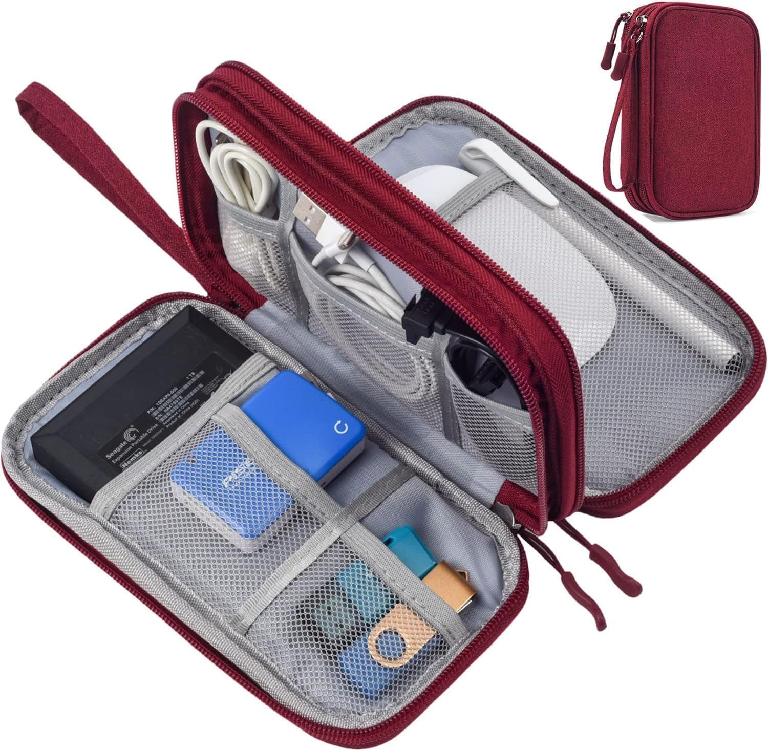 Electronics Accessories Organizer Pouch Bag, Travel Universal Organizer for Cable, Charger, Phone, SD Card, Business Travel Gadget Bag (Wine Red)