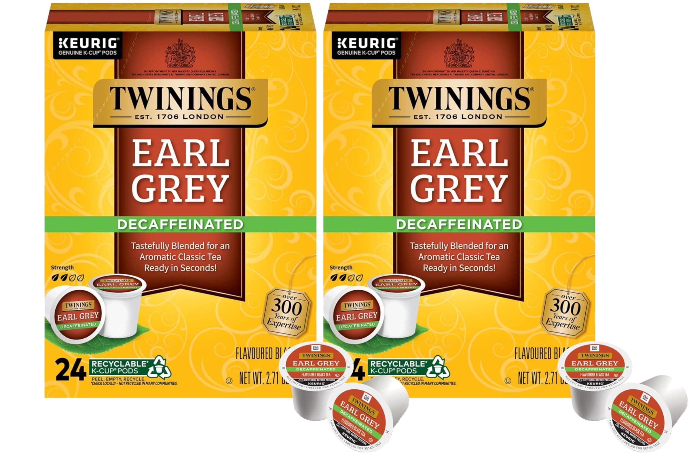 Decaf Earl Grey K-Cup Pods for Keurig, Decaffeinated Black Tea Flavoured with Citrus and Bergamot, 24 Count (Pack of 2)