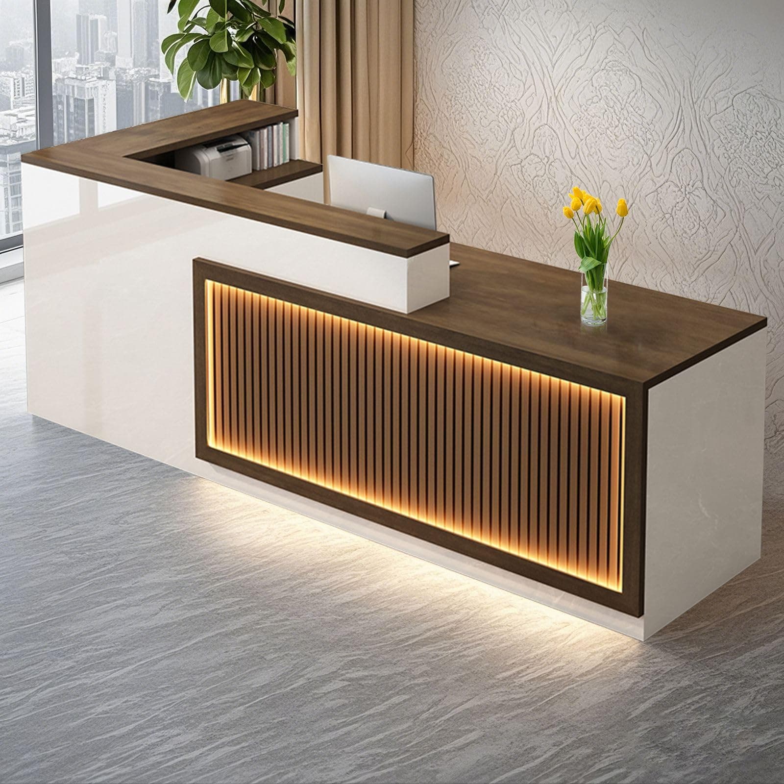 L Shaped Reception Desk, Solid Wood Front Desk with Counter & Lockable Drawers, Retail Checkout Customer Service Counter for Home Office Lobby Store,(Walnut,70.9in-Right)