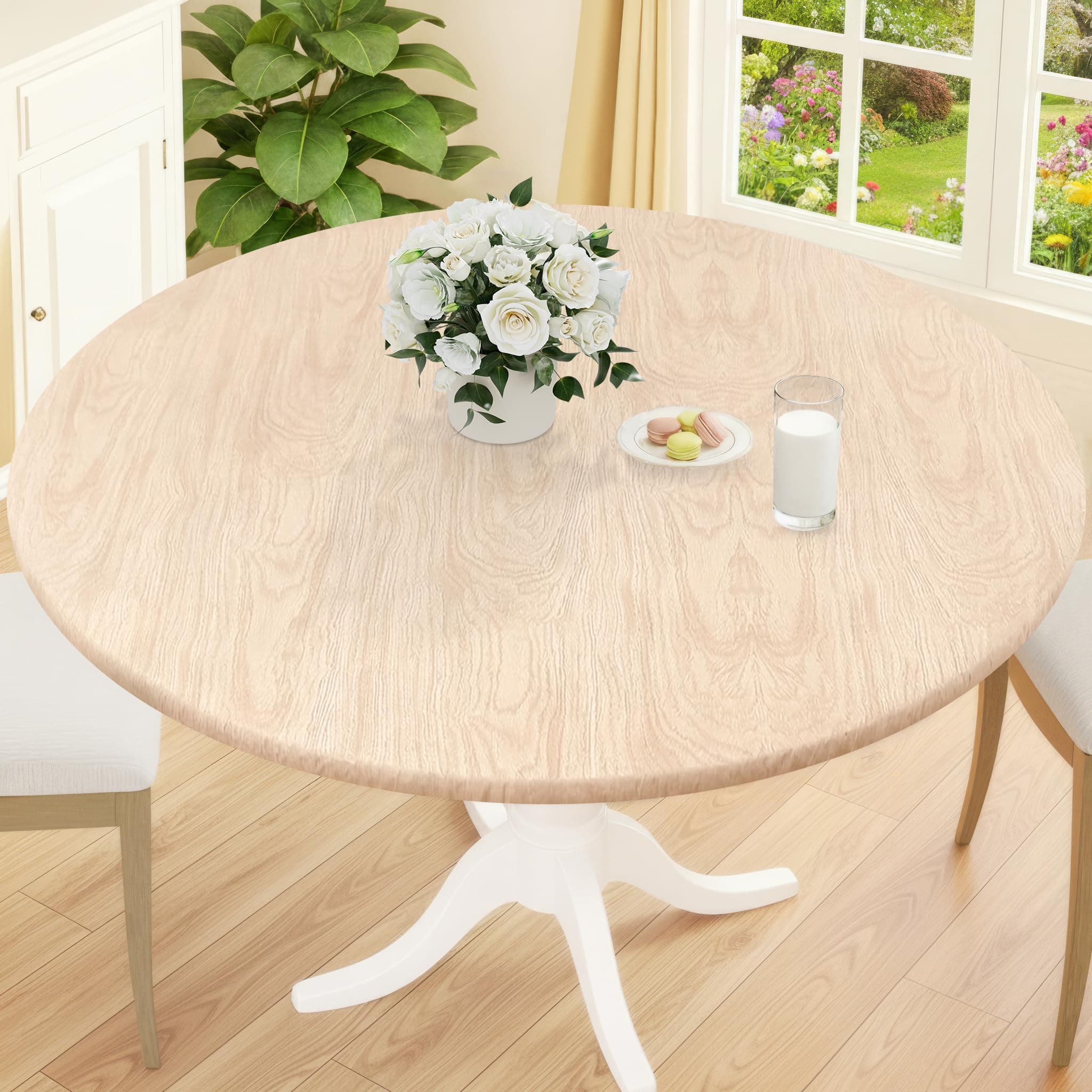 Smiry Round Picnic Tablecloth, Waterproof Elastic Fitted Table Covers for 18" - 24" Tables, Wipeable Flannel Backed Vinyl Tablecloths for Camping, Indoor, Outdoor, Beige