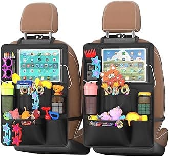 Backseat Car Organizer with Touch Screen,Kick Mats Back Seat Protector with 10 Storage Pockets,Car Seat Back Organizers Storage for Snacks Drinks Toy Umbrellas for Kids Road Trip