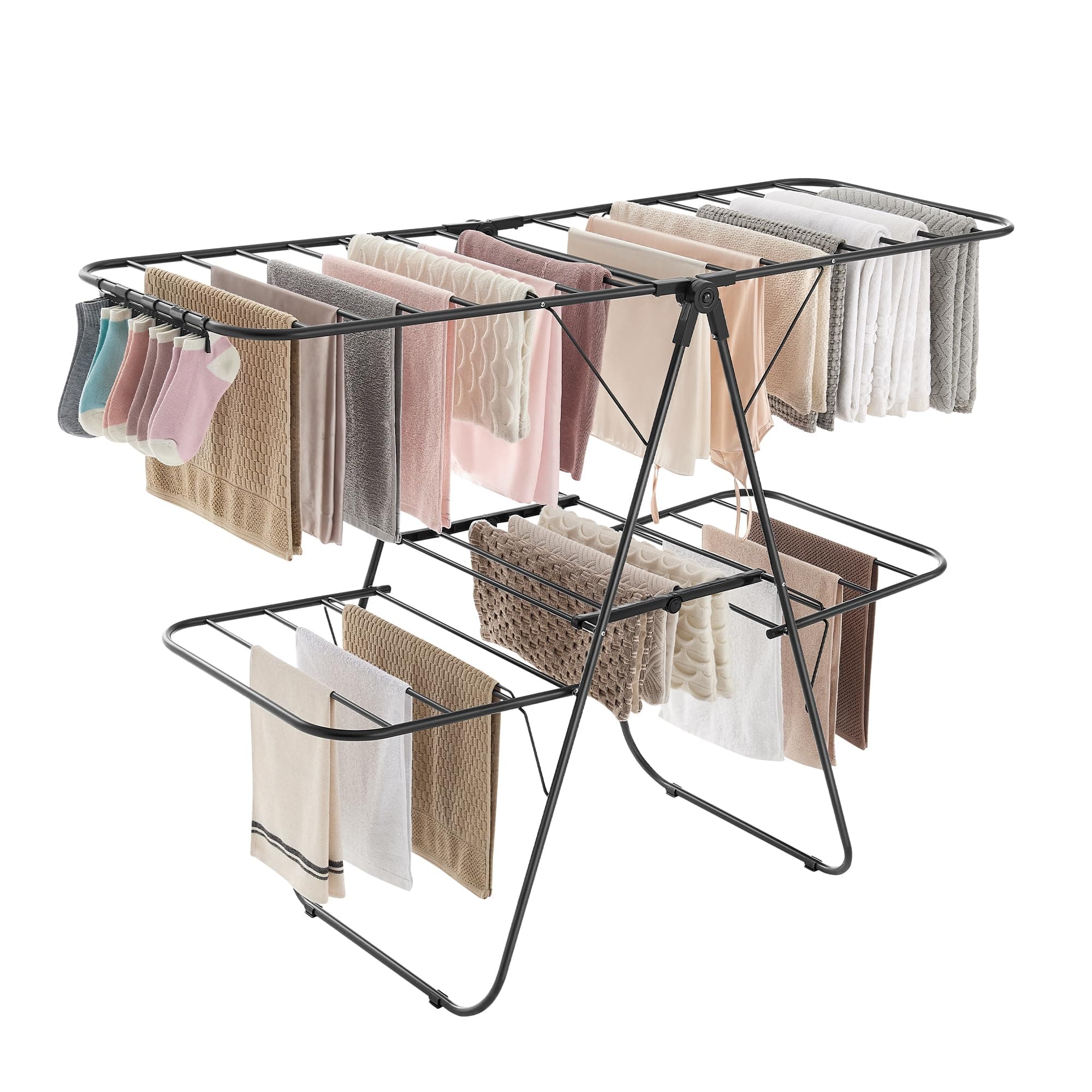 SONGMICS 2-Tier Foldable Clothes Drying Rack, Height-Adjustable Wings with Sock Clips, 33 Drying Bars, Black MLLR053B01V1