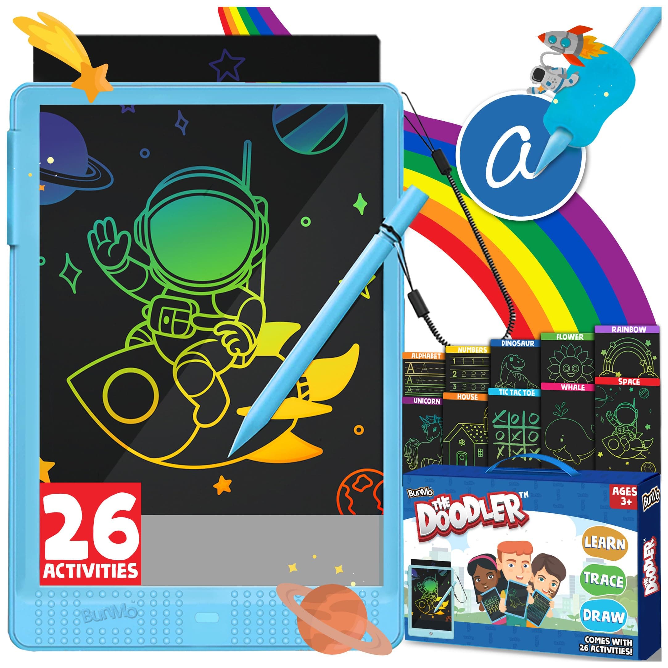 BUNMO Doodle Board + 26 Unique Templates - Draw, Color & Write with Insertable Tracing Templates - Learn to Write Letters & Numbers - Creative Fun - Kids Drawing Tablet - Kid Drawing Board