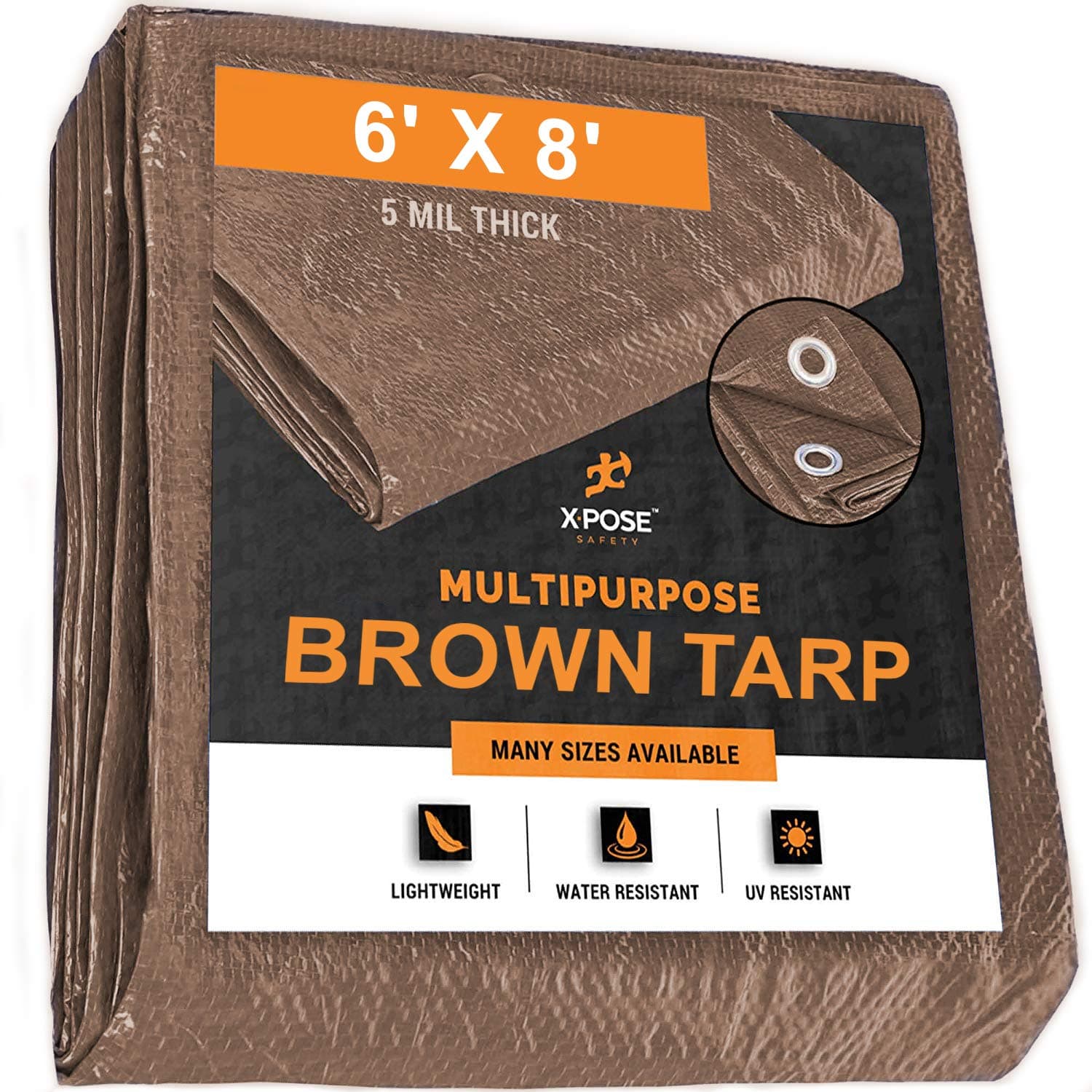 Xpose Safety Multipurpose Protective Cover Brown Poly Tarp 6' x 8' - Durable, Water Resistant, Weather Resistant - 5 Mil Thick Polyethylene -