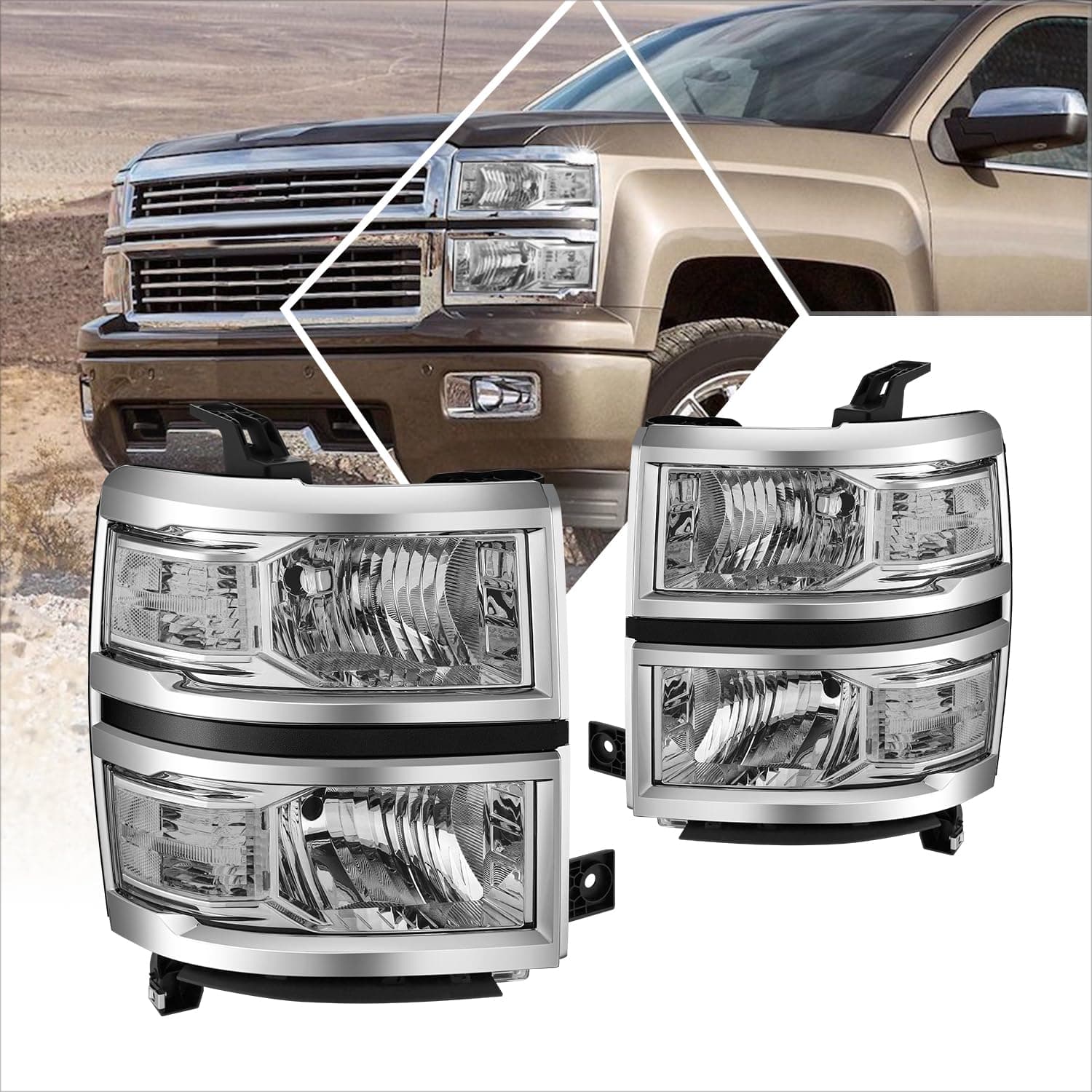 PM PERFORMOTOR Headlights Assembly Compatible with 2014 2015 Chevy Silverado 1500 2Pcs Replacement Headlamps with Chrome Housing Clear Corner