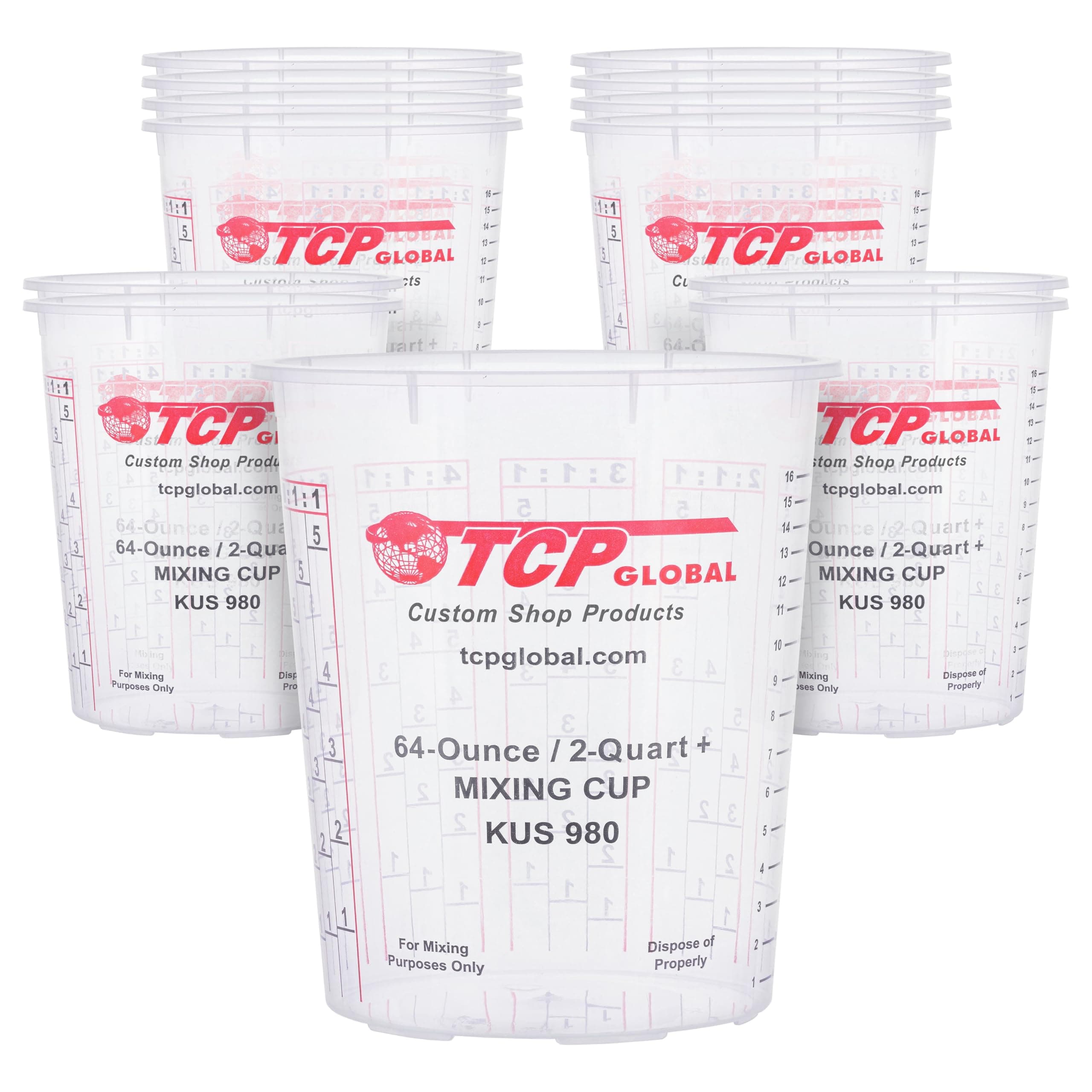 Custom Shop Paint Mixing Cups, 64-Ounce (12 Pack) - Plastic Measuring Cups for Liquids, Automotive Painting, Epoxy Resin, Acrylic Arts, Crafts, Disposable or Reusable, Graduated, Mixing Ratios