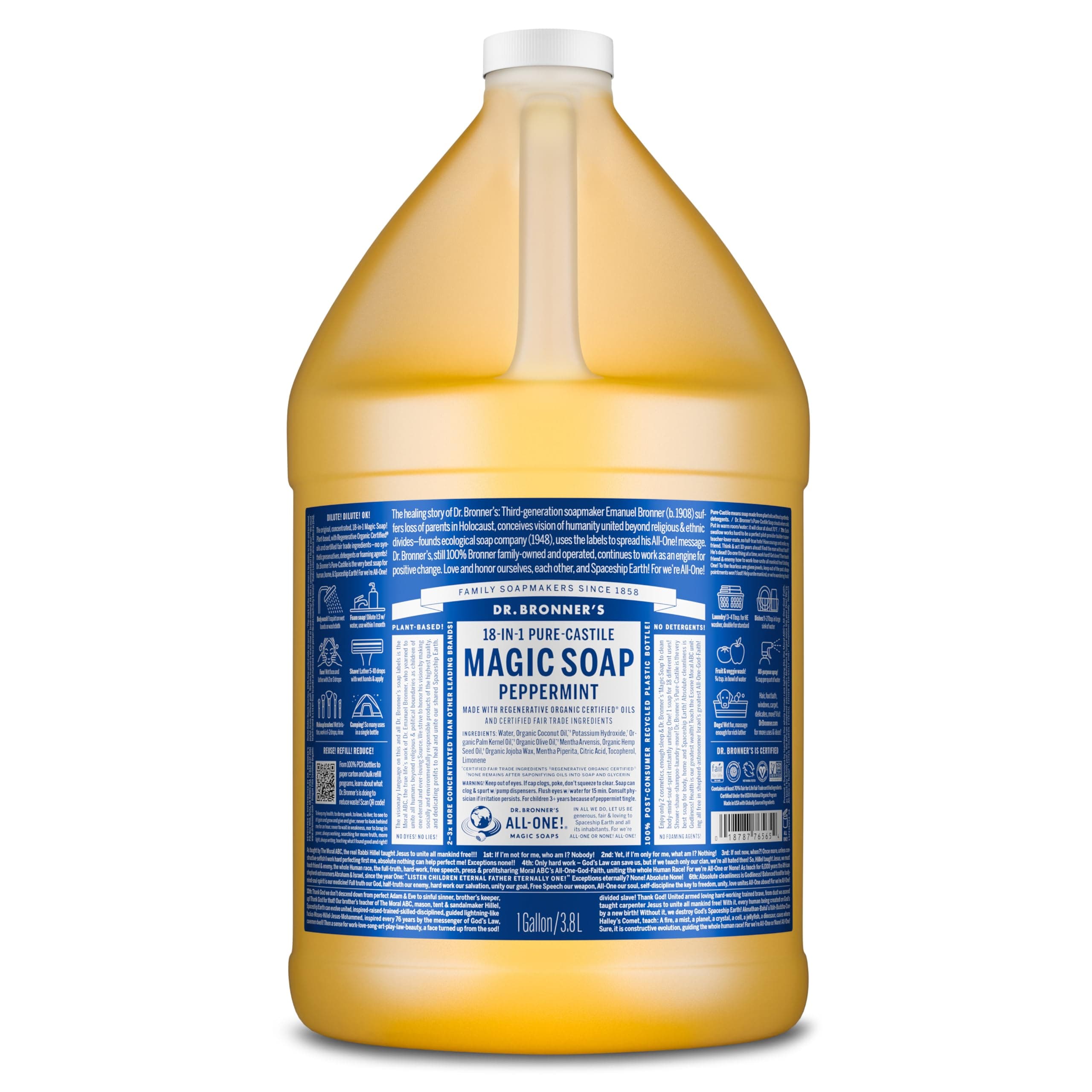 Dr. Bronner's Pure-Castile Magic Soap Liquid (Peppermint, 1 Gallon) – Made with Regenerative Organic Certified Oils - For Face, Hair, Laundry, Dishes- Hand Soaps & Body Wash