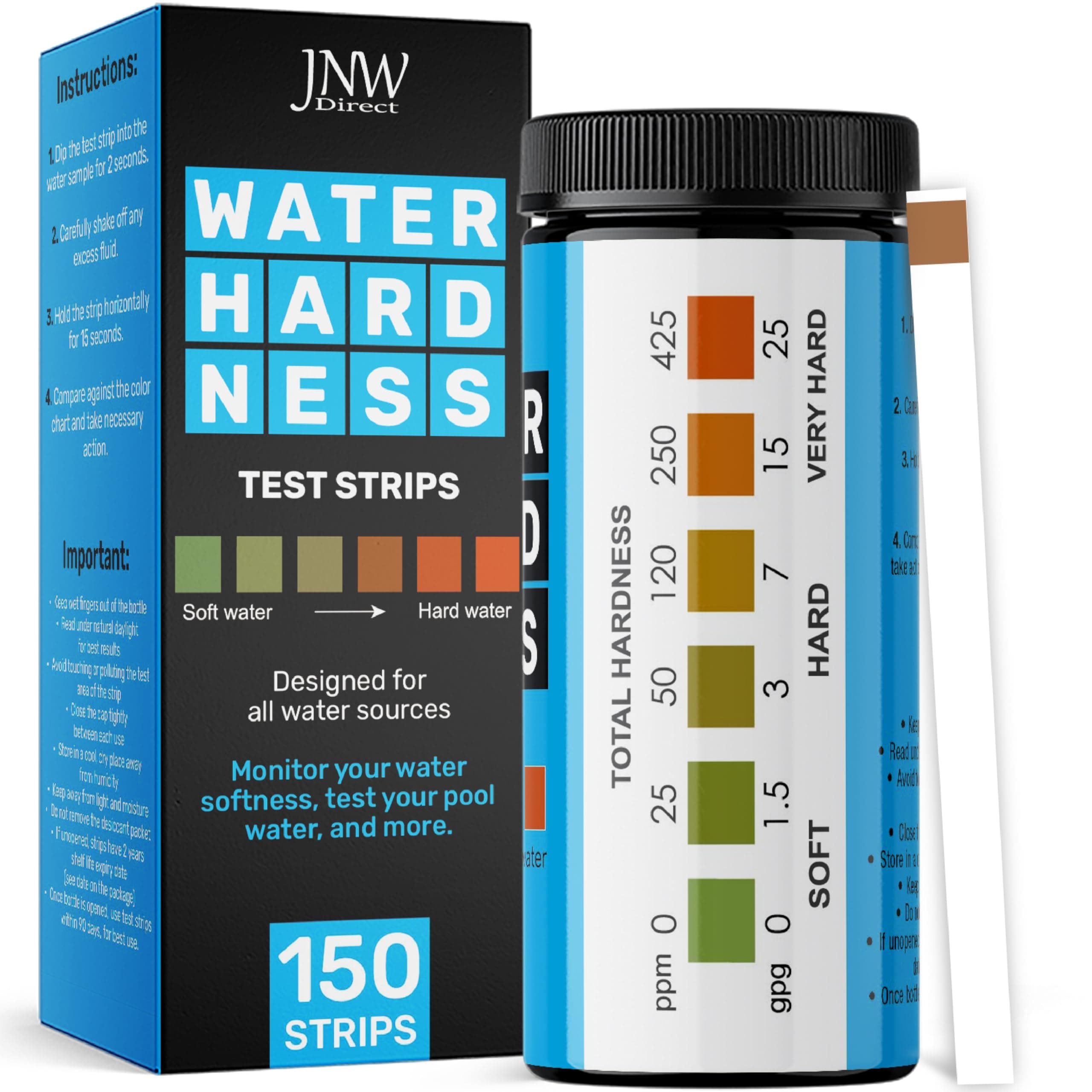 Water Hardness Test Kit - Quick and Accurate Water Hardness Test Strips - Hard Water Test Kit with eBook - Ultimate Test Kit for Water Hardness - 150 Water Softener Test Strips by JNW Direct