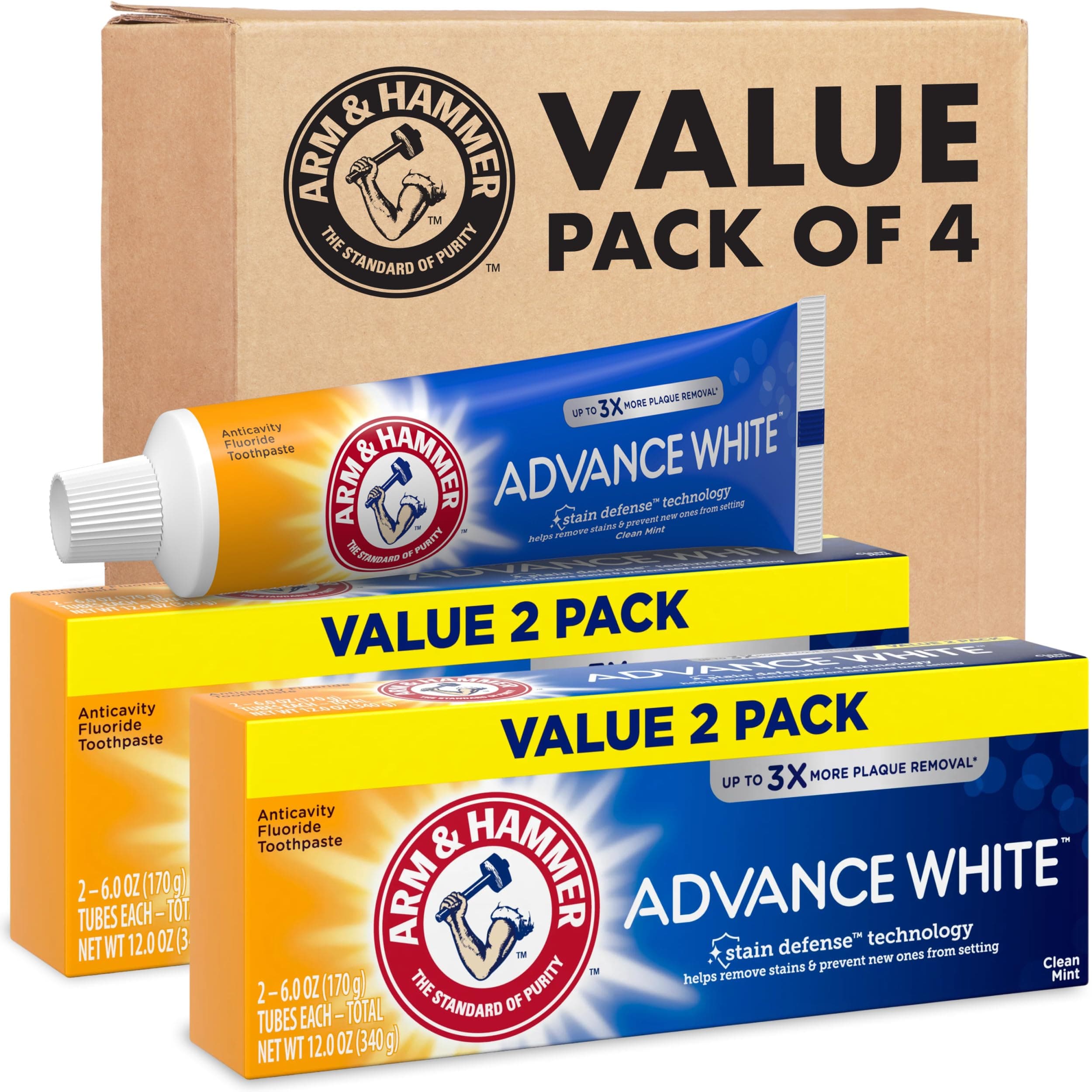 ARM & HAMMER Advance White Toothpaste, Teeth Whitening Baking Soda Toothpaste with Stain Defense Technology and Fluoride, Clean Mint Flavor, 6.0 Oz (4 Pack)