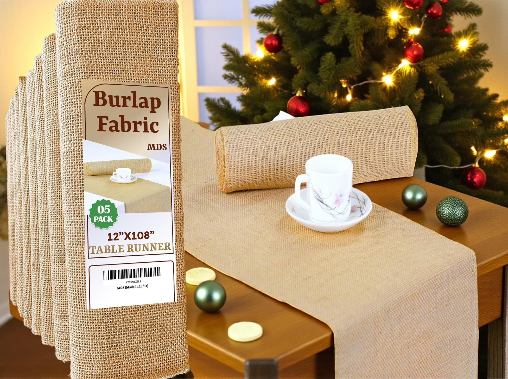 MDS Pack of 5 Pieces Wedding 12 x 108 inch Long Natural Burlap Table Runner, Rustic Farmhouse Jute Country Vintage Burlap Roll Runner for Wedding, Party Table Decorations , Boho Décor - Natural