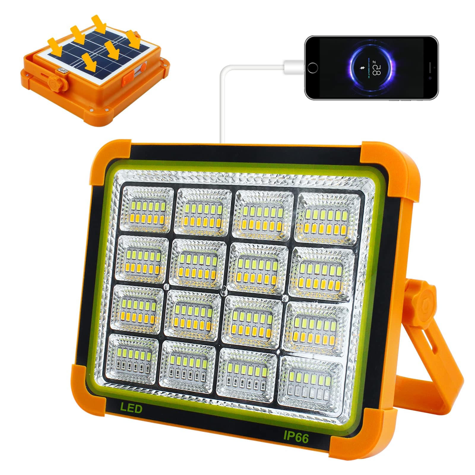 Security Work Light, 100W Portable Outdoor Camping Light with Rechargeable Solar Panel, Wireless Job Side LED Flood Lighting 16500 mAH for Emergency, Workshop, Car Repairing, Out On-Foot, Fishing