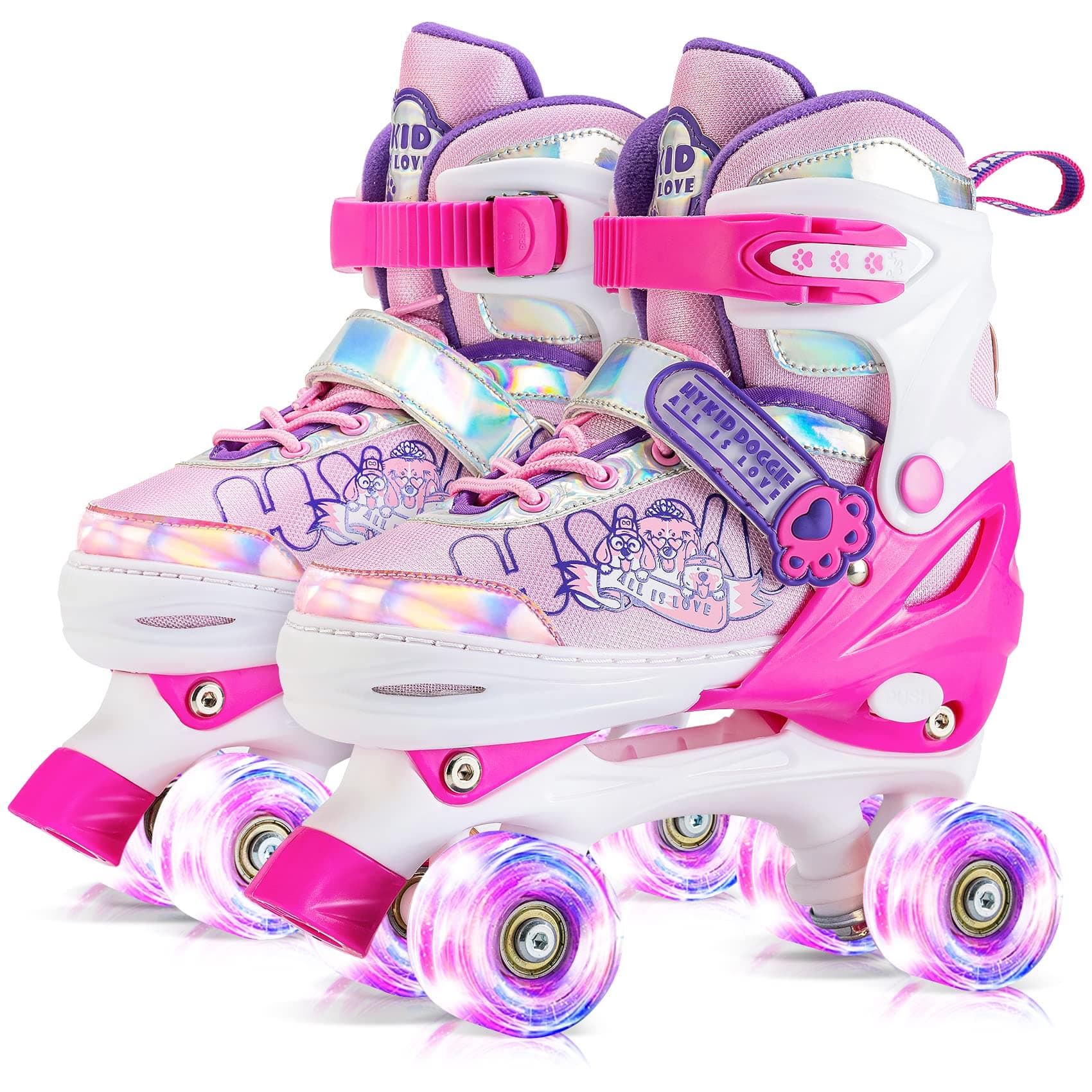 HYKID 4 Size Adjustable Roller Skates with Luminous Light Up Wheels,Safe for Girls Boys Kids Toddler, Trimmable Insole Included