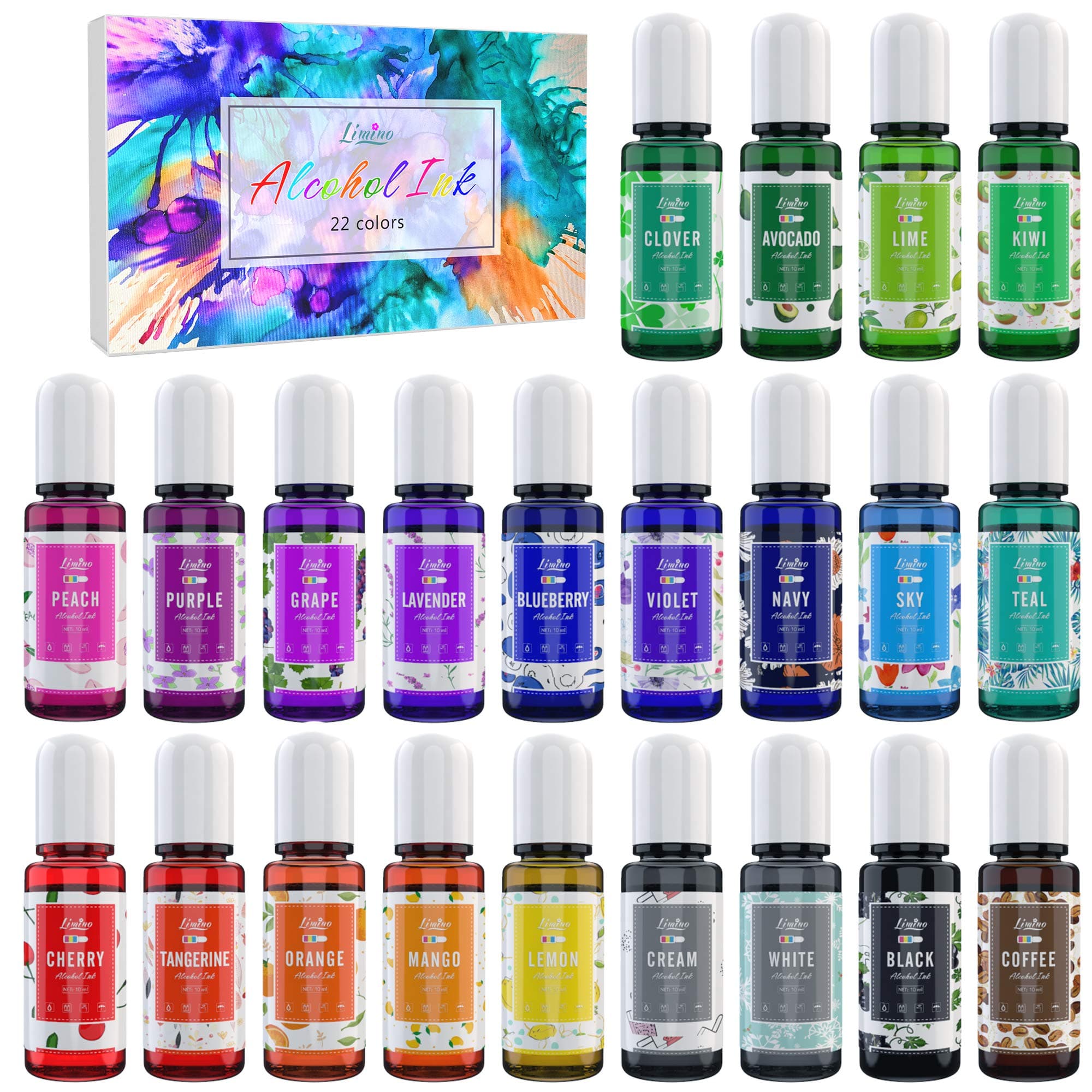 Alcohol Ink Set - 22 Colors x 10ml Alcohol Based Ink for Epoxy Resin Art, Coaster, Yupo, Tumbler Making - Concentrated Paint Color Dye