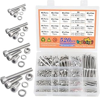 520pcs M3 M4 M5 M6 Nuts and Bolts Set 304 Stainless Hex Socket Head Cap Bolts Machine Screws Nuts and Washers Assortment Set Kit for Fepairing Bicycle Furniture Machine Fasteners