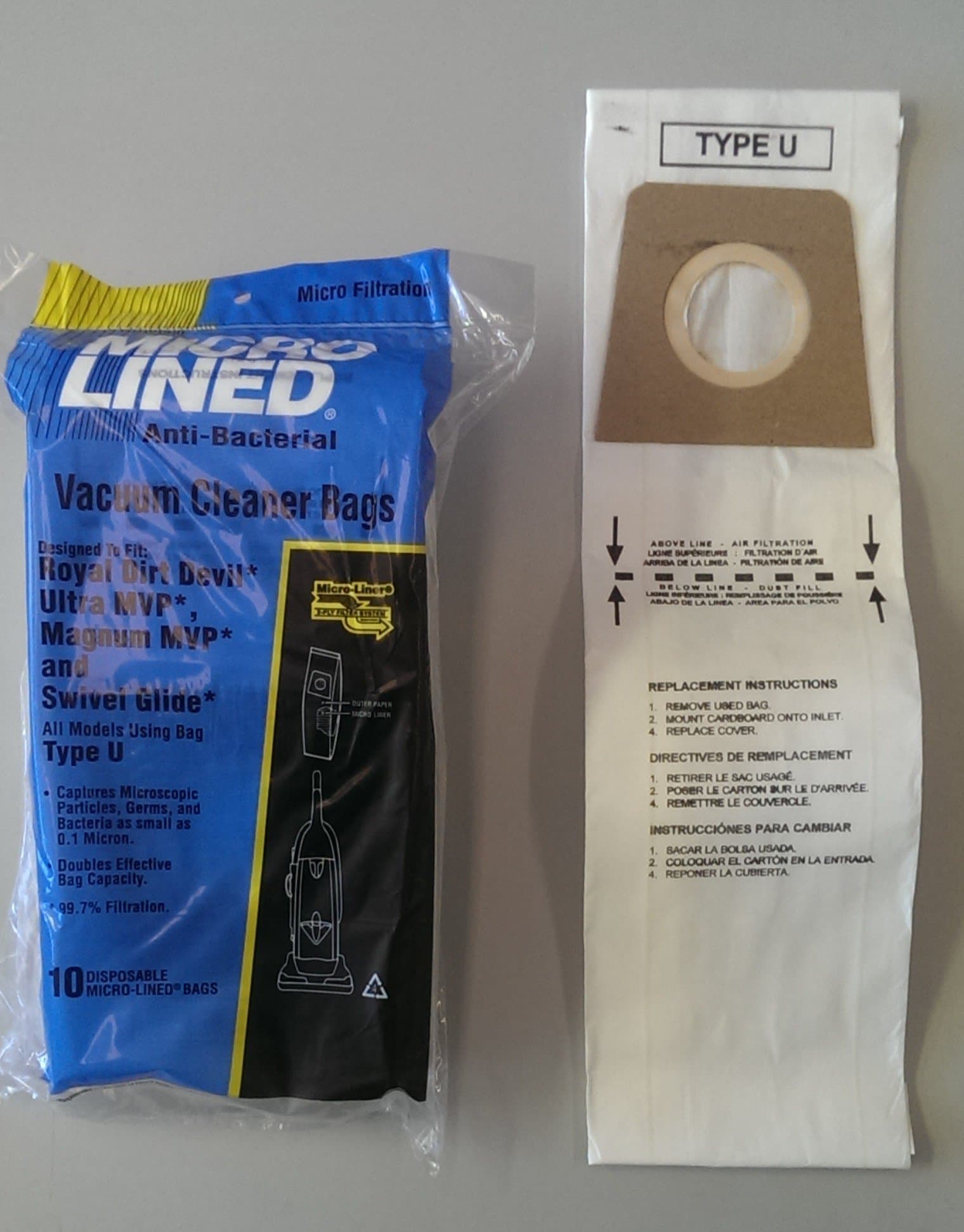 10 Dirt Devil Type U Vacuum Bags, Works with: Dirt Devil Swivel Glide, Platinum Force Bagged, Feather Glide, Breeze Lightweight, Ultra MVP & Magnum MVP Uprights, Featherlite, Vibe Bagged, Swerve