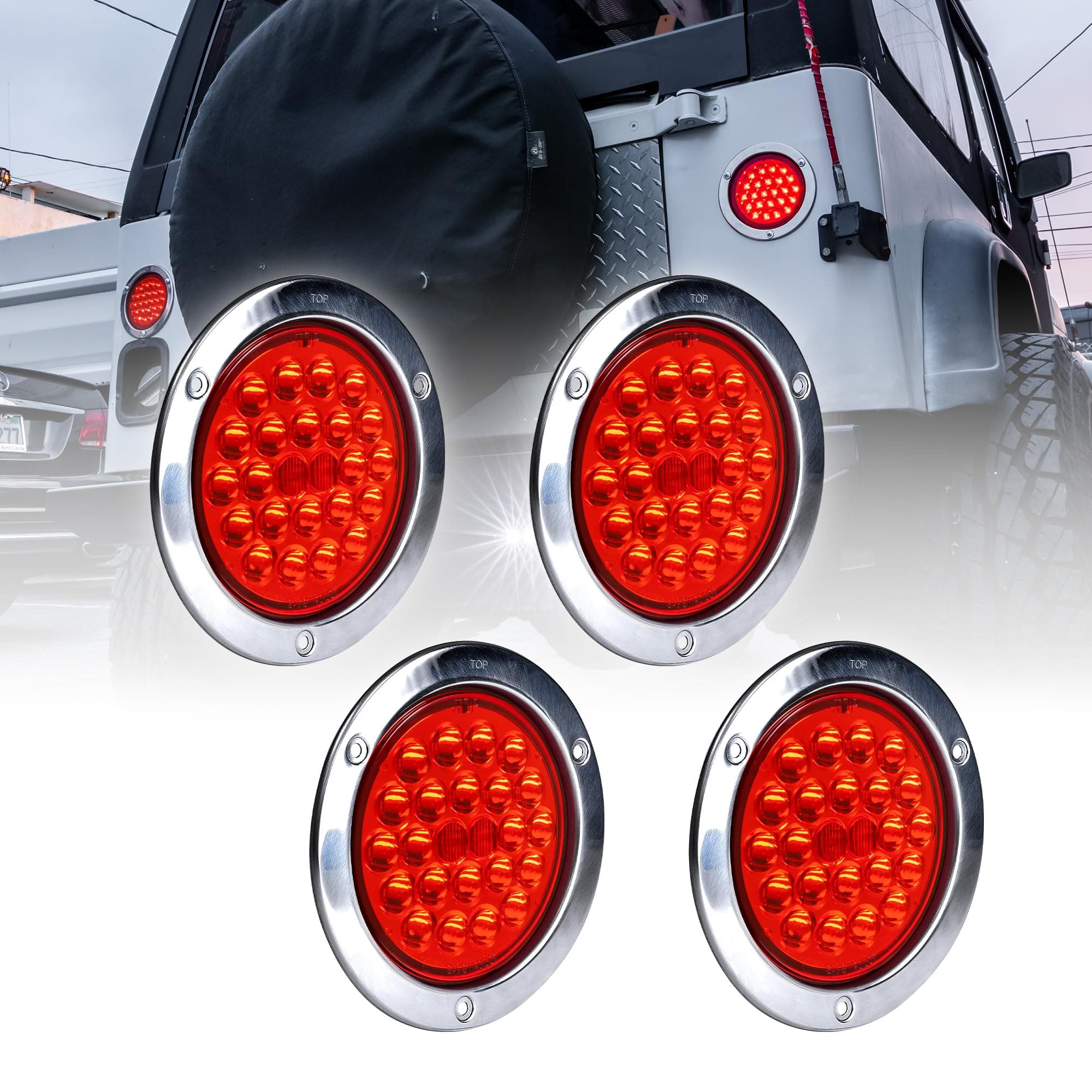 TRUE MODS 4pc 4" Inch Round 10 LED Trailer Tail Lights [DOT FMVSS 108] [SAE STI] [Stainless Steel Chrome Bezel & Connector Plug] Stop Brake Lights Compatible with Jeep TJ Semi Truck RV Flat Bed Camper