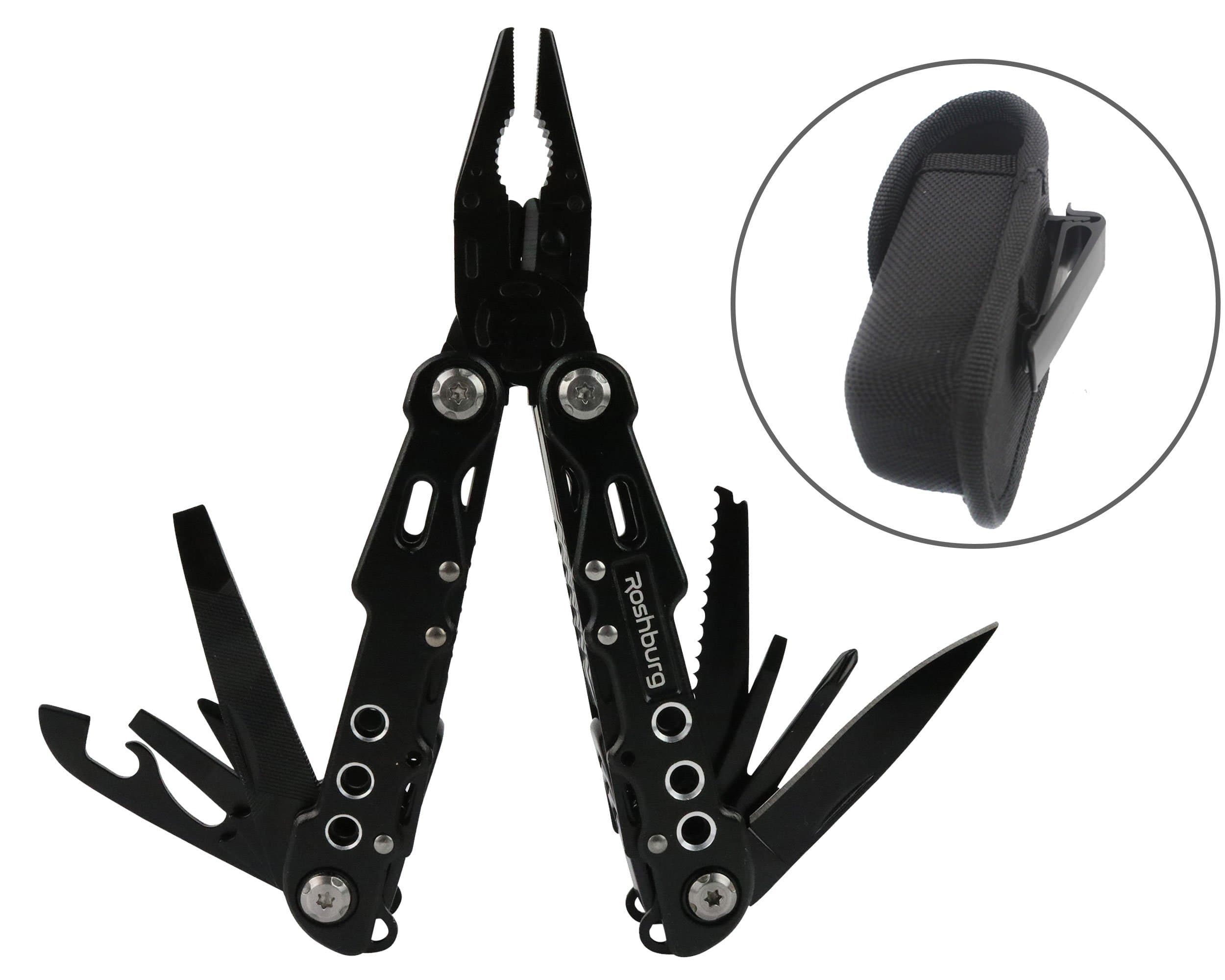 Multitool With Belt Clip - Folding Multi-Plier, Wire Cutter - Safe Lock - Includes Sheath - Black Oxide Stainles Steel - for Survival, Fishing, Camping - Roshburg Adventure Series