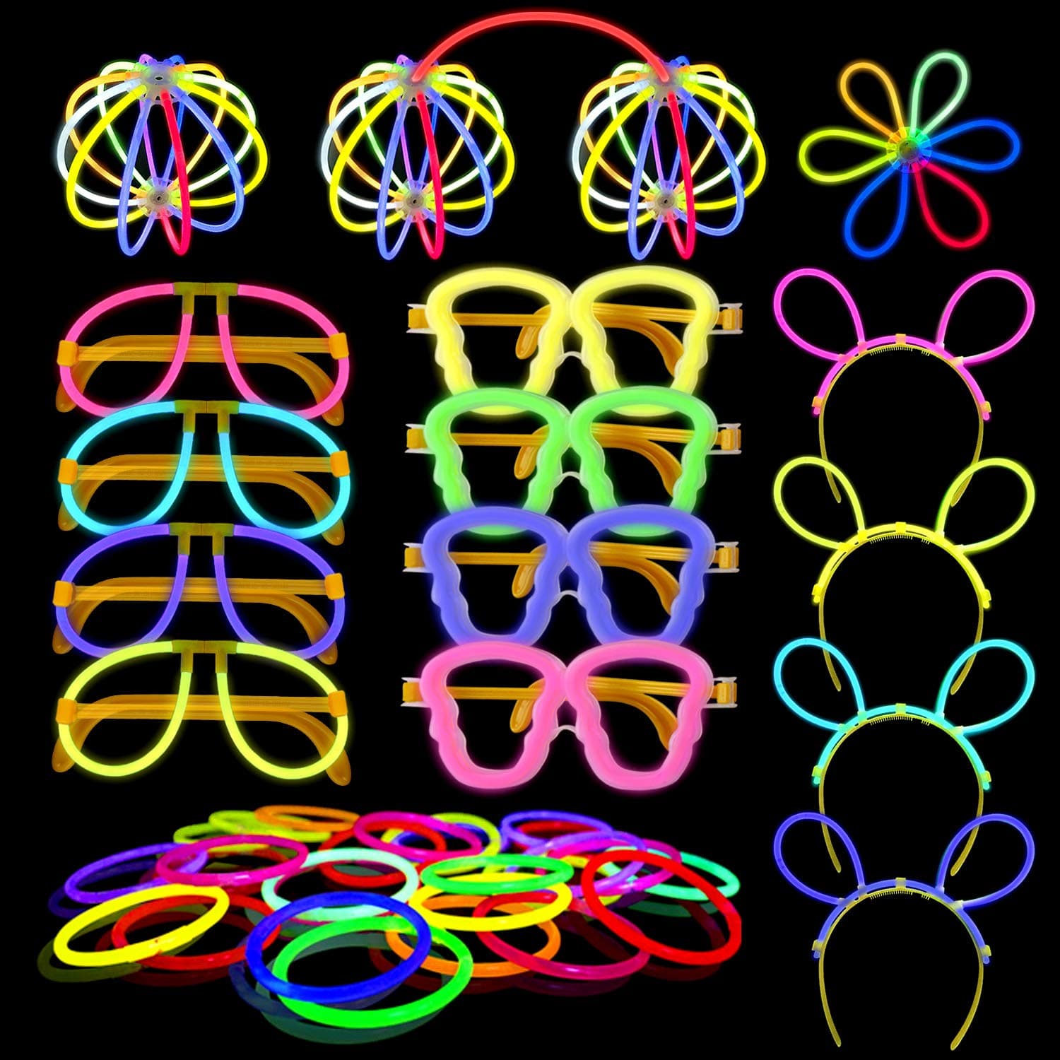 Yodeace Glow Sticks, 100 Glow Stick Party Pack Light Glow Stick Kit with 122 Connectors to Create: Glowsticks, Bracelets, Necklaces, Glasses, Triple bracelets, Bunny Ears, Balls, Flowers & much more!
