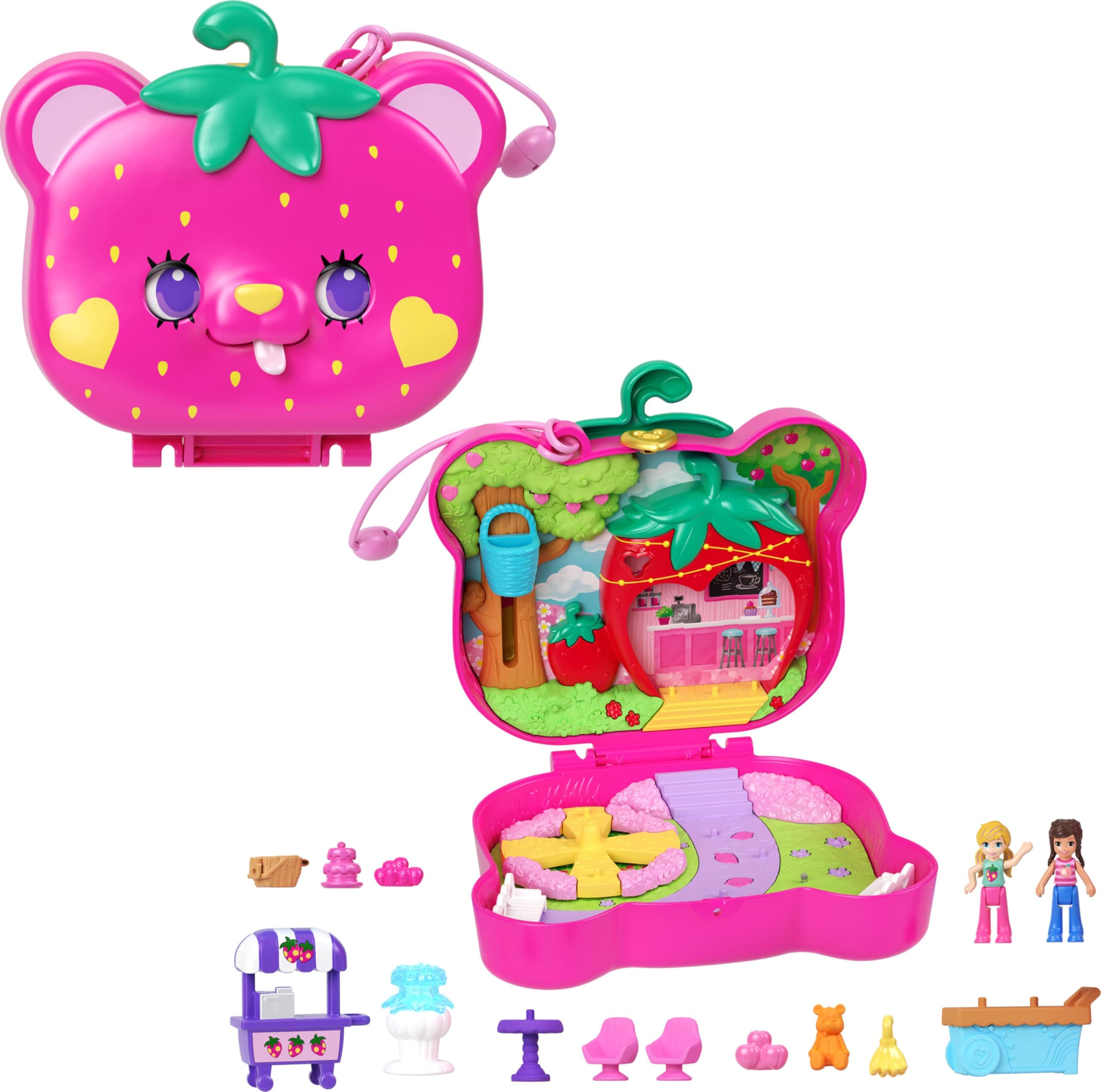 Dolls & Playset, Straw-beary Patch Compact with 2 Micro Dolls & 12 Accessories, Travel Toy with Fidget Exterior