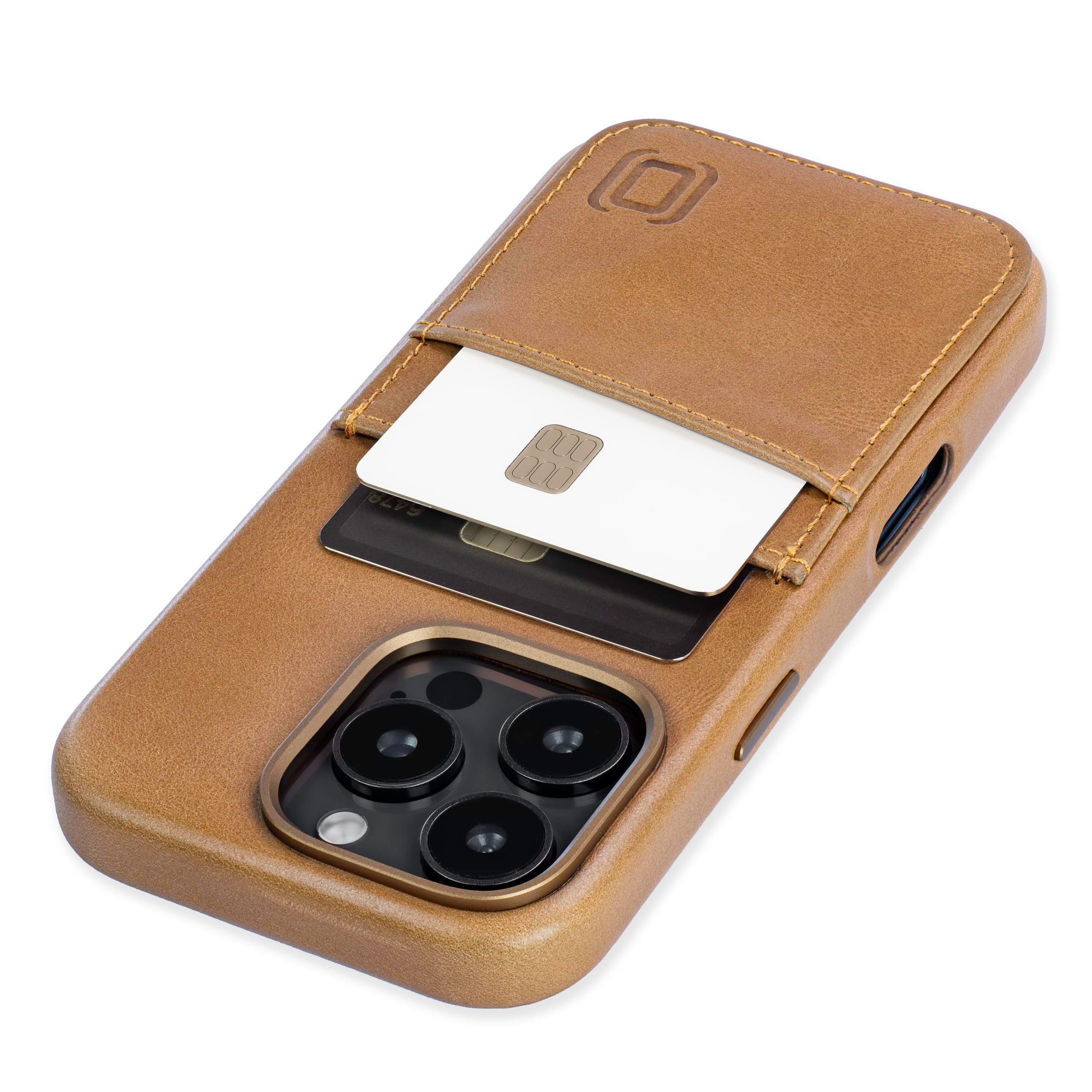 DockemGenuine Leather Card Case for iPhone 16 Pro with Built-in Metal Plate for Magnetic Mounting, Stitched-on Wallet with 2 Holder Slots (Light Brown, M2GL)