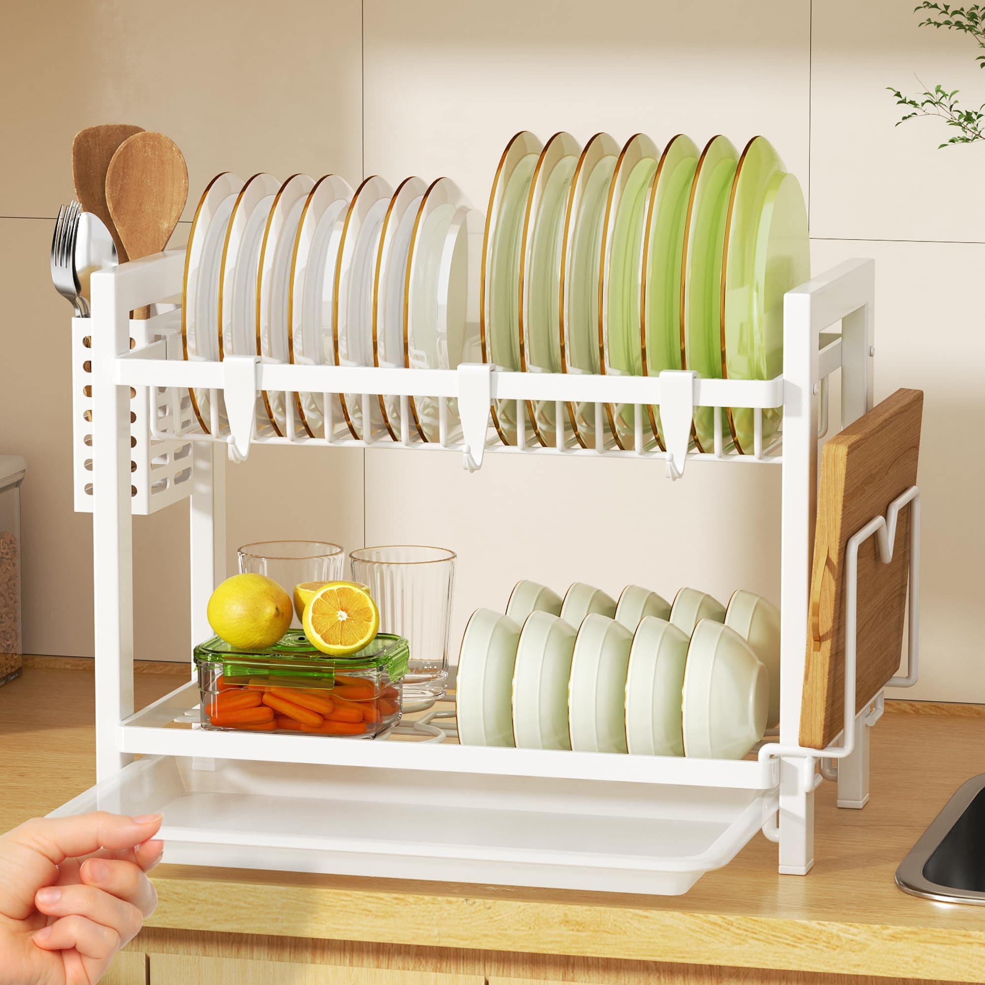 niffgaff 2 Tier White Dish Drainer Rack with Drip Tray (52 * 24.5 * 34.5), Dish Drying Rack Kitchen with Utensil Cutting & Board Holder for Kitchen Counter