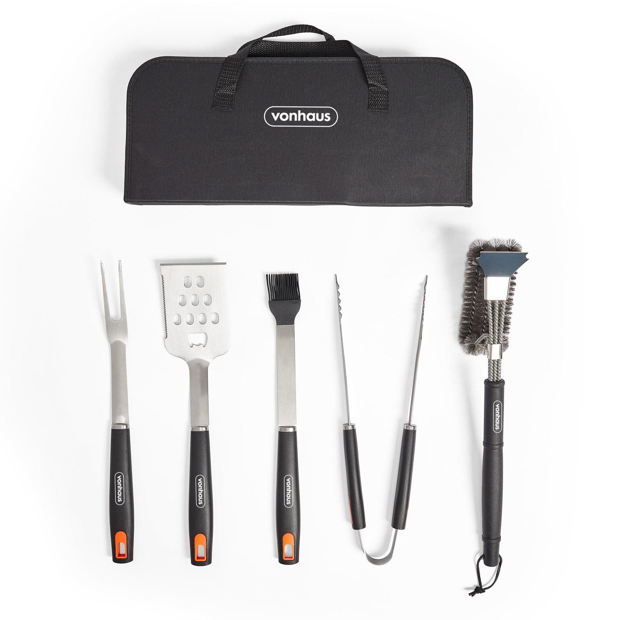 VonHaus BBQ Tool Set & Storage Case, 5 Piece Barbeque Accessories Kit, Includes Spatula, Fork, Tongs, Basting Brush & Cleaner, Heavy Duty Stainless Steel BBQ Utensil Set for Outdoor Cooking