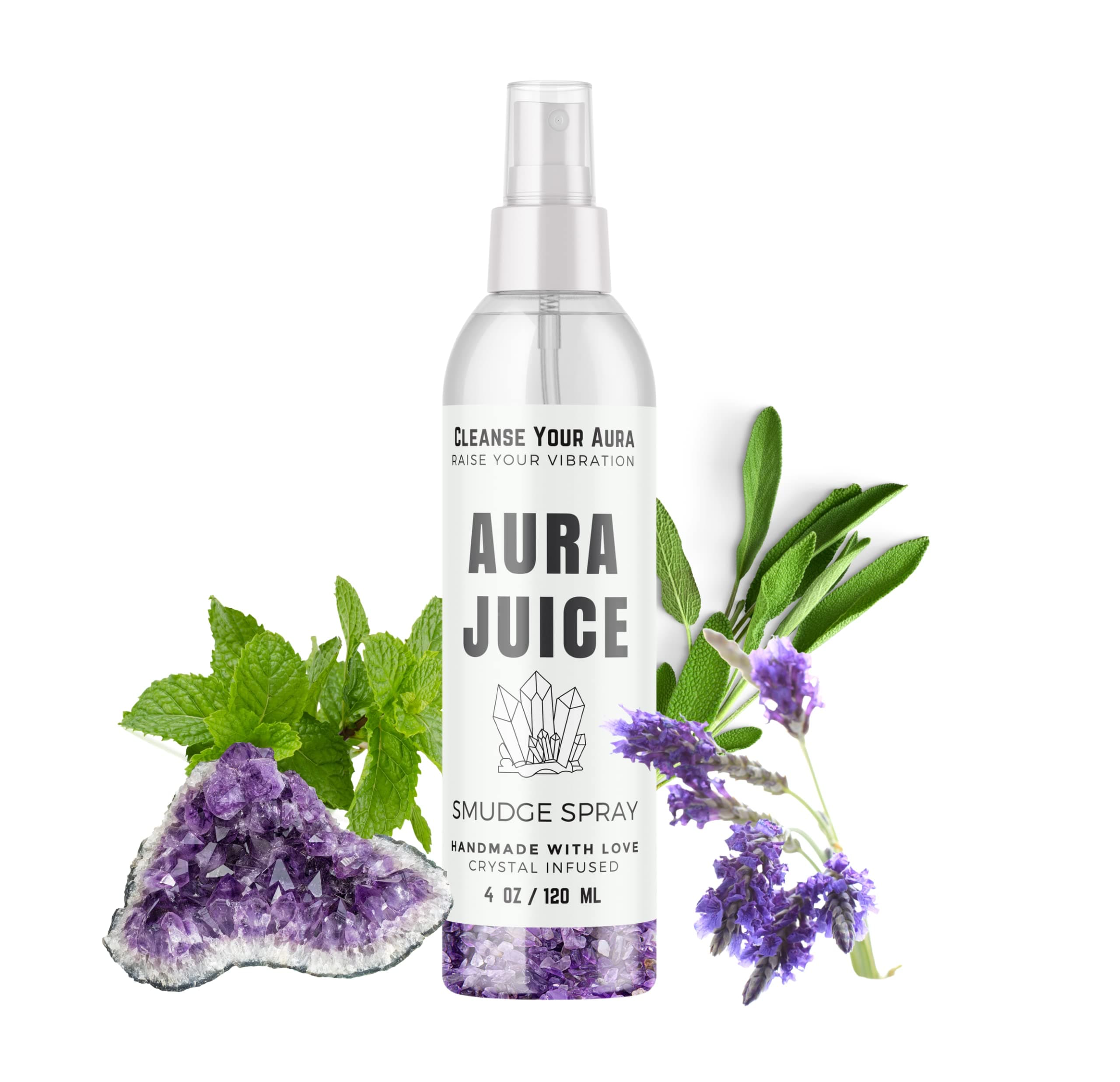 Premium Smudge Spray with Real Crystals Inside! - 4 oz Sage Smudge Spray for Cleansing and Clearing Energy- Made with Sage, Lavender, Mint and Real Crystals!
