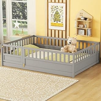 Full Floor Bed with Slats, High Fence and Door, Montessori Floor Bed Full Size, No Box Spring Needed, Easy Assemble Floor Bed(Gray Full)