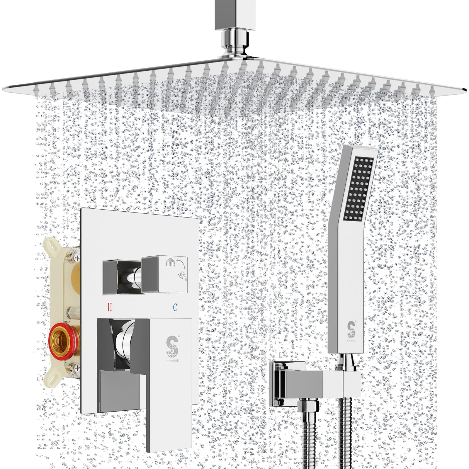 SR SUN RISE 12 Inch Ceiling Mounted Shower System Rain Mixer Shower Combo Set Rainfall Shower Head System Polished Chrome Shower Faucet Rough-in Valve Body and Trim Included