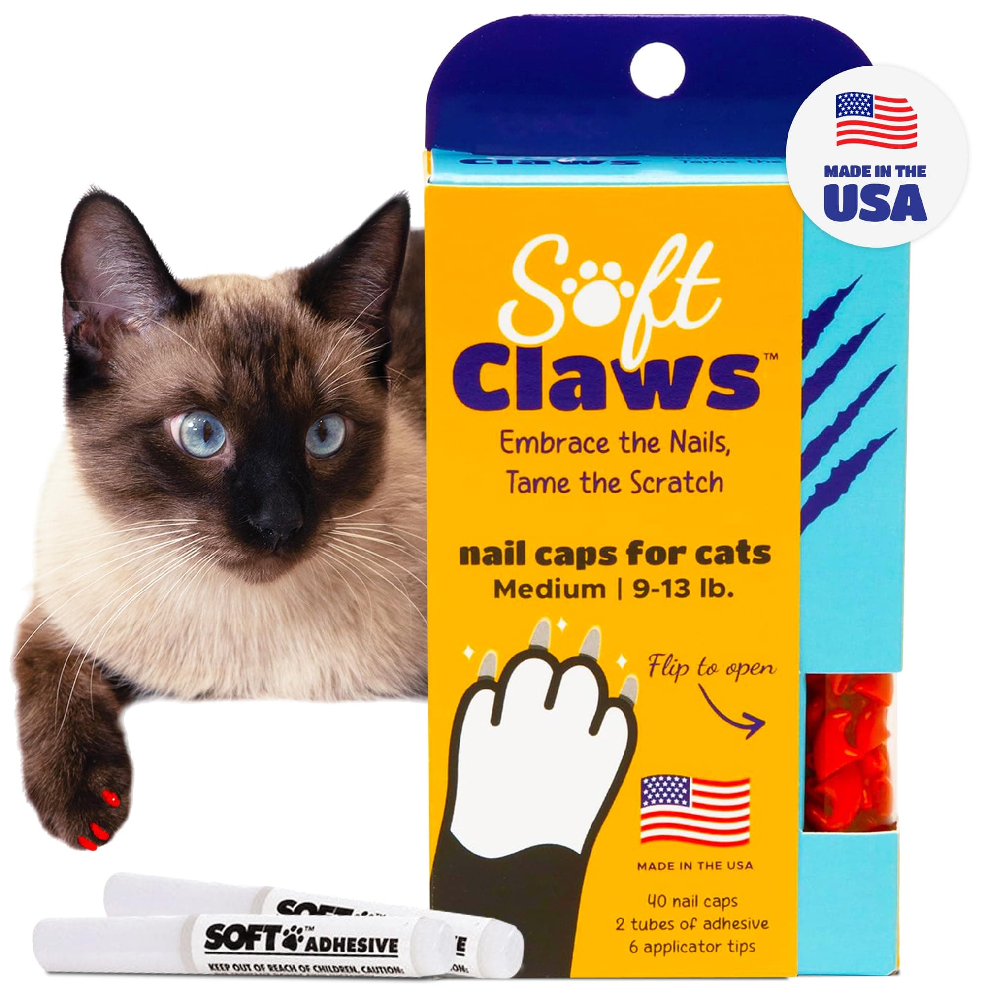 Soft Claws Cat Nail Caps for Medium Cats – (40 Caps, Red) - Made in USA - Veterinarian-Developed | Protects Furniture & Skin - Easy to Apply, Long-Lasting Anti-Scratch Soft Cat Claw Covers.