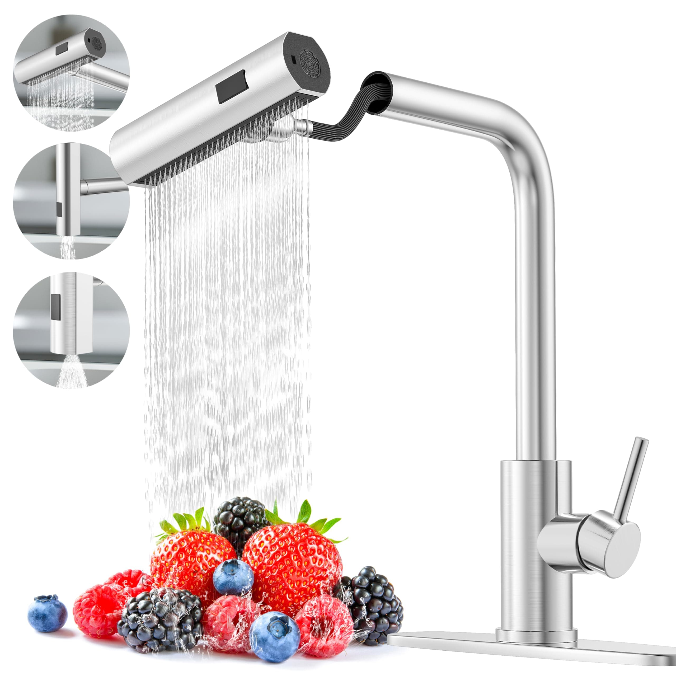 Brushed Nickel Single Hole Kitchen Faucets with Pull Down Sprayer, Single Handle, High Flow Water, Pull Out Tap, Stainless Steel Sink Faucet, Suitable for Farmhouse Camper Laundry Rv Bar