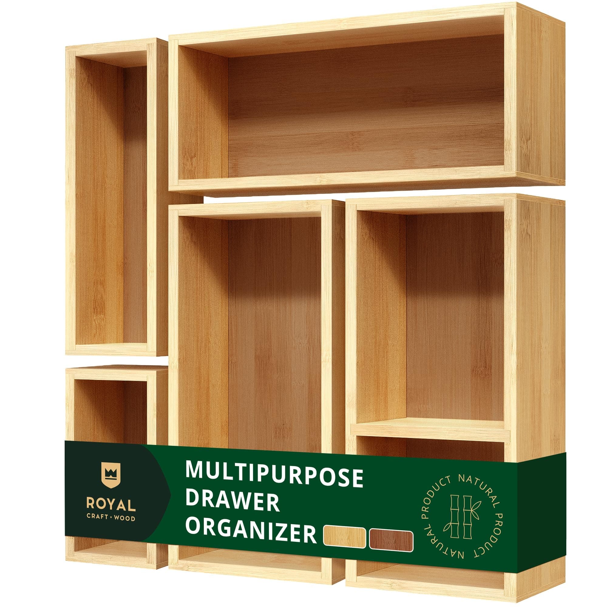 Bamboo Drawer Organizer Storage Box / Bin Set - 5-Piece Multi-Use Drawer Organizer for Kitchen, Bathroom, Office Desk, Makeup, Jewelry