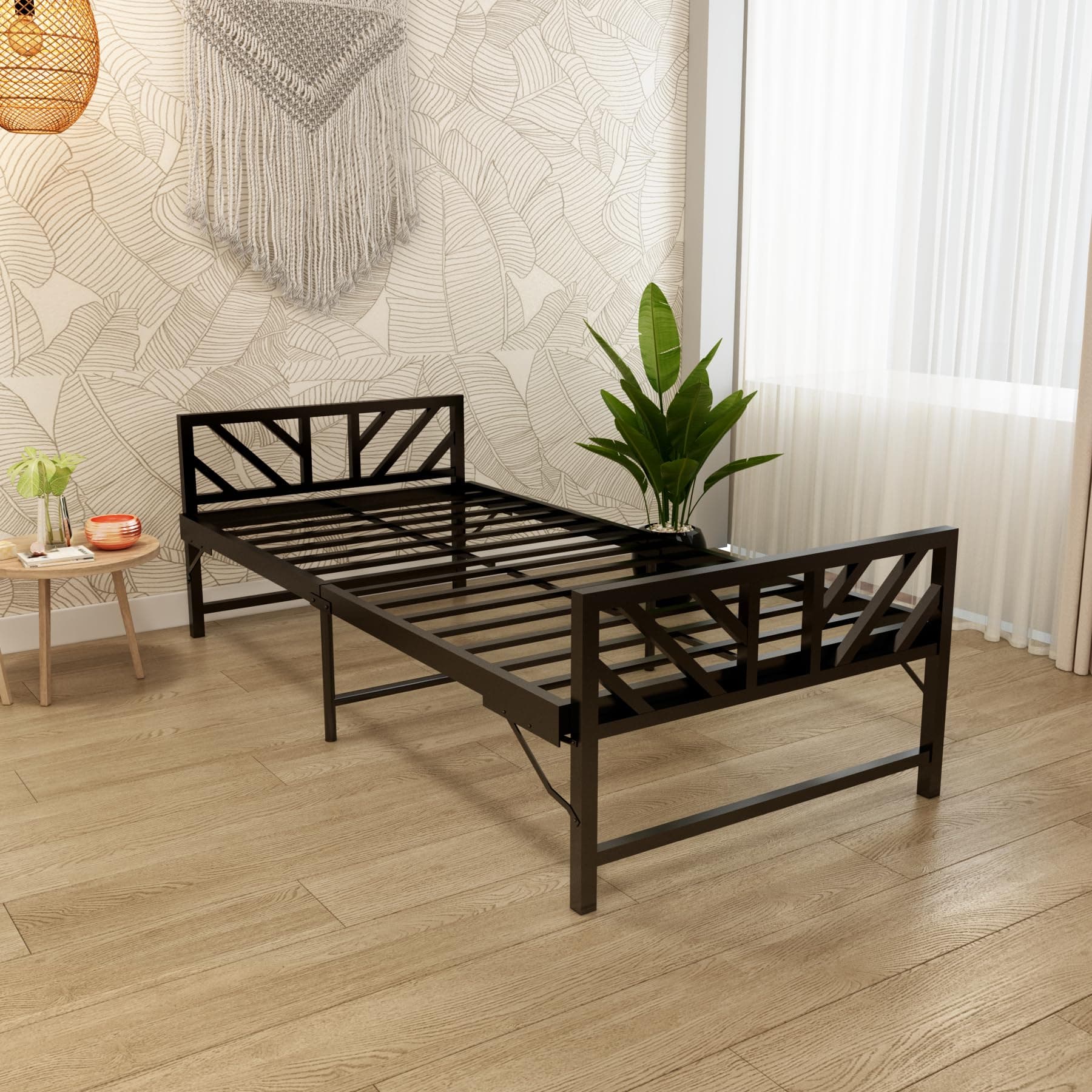 Homdec Aquarius Space Saving Folding Metal Bed (Black, Single)