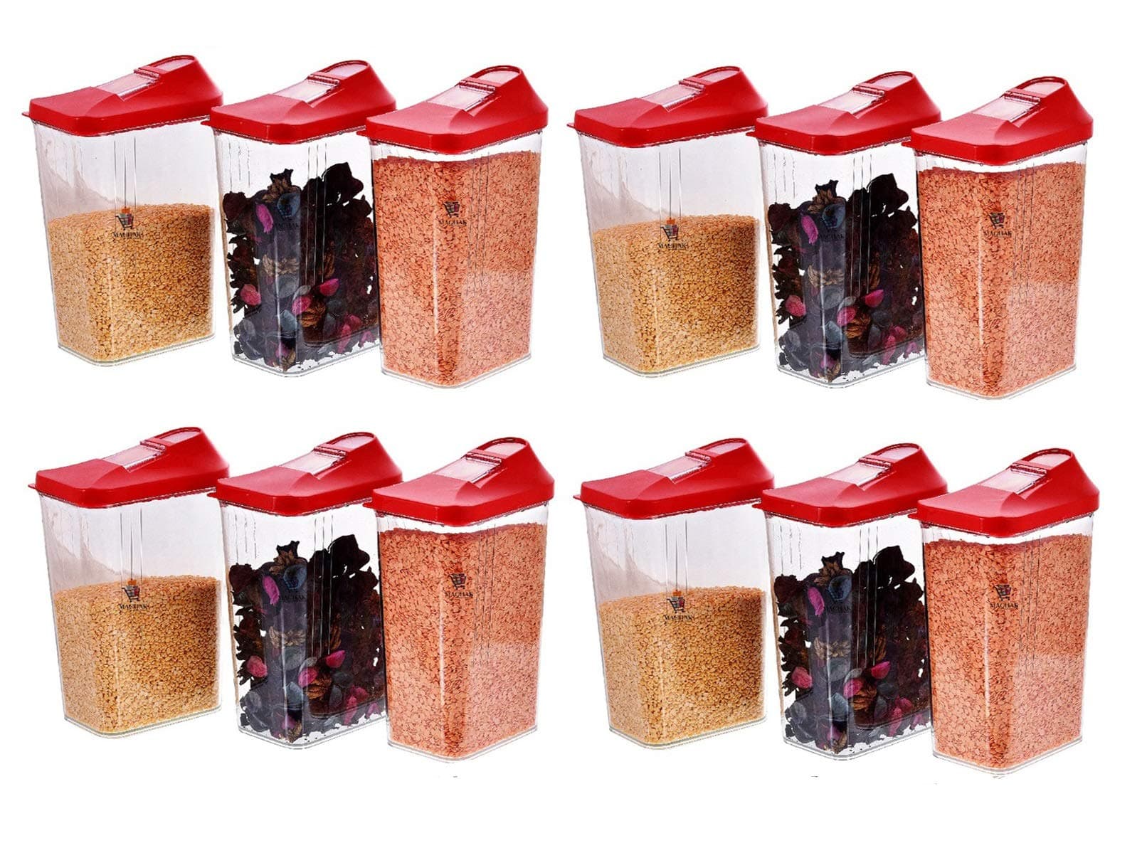 Machak Easy Flow Plastic Kitchen Storage Jars & Container Set, Red, 1510ml (12 Pcs )