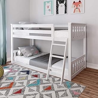 Max & Lily Twin Over Twin Low Bunk Bed with Ladder, Wooden Bunk beds with 14” Safety Guardrail for Kids,Toddlers, Boys, Girls, Teens, Bedroom Furniture, White