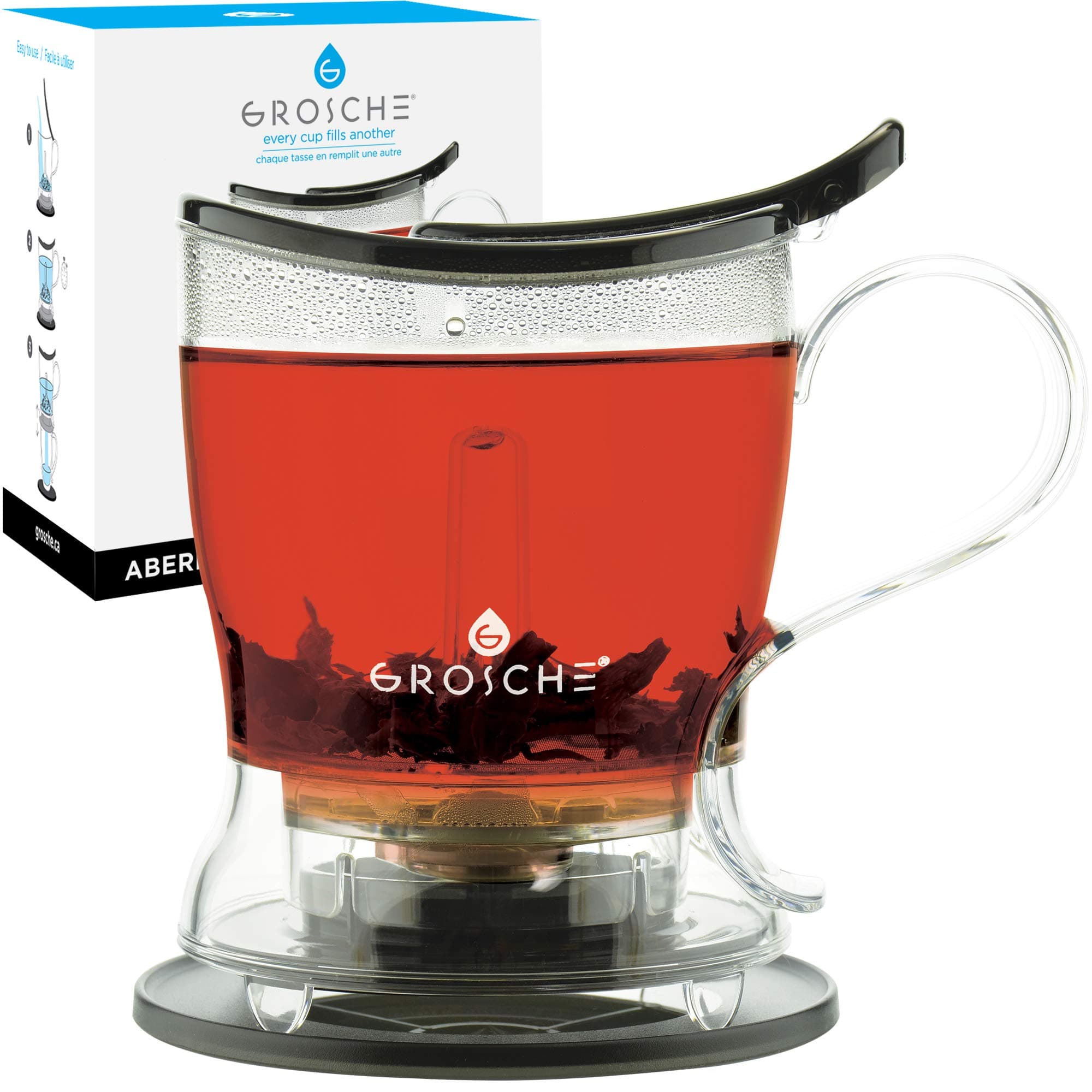 GROSCHE Aberdeen PERFECT TEA MAKER set with coaster, Tea Steeper, Teapot, Tea Infuser, 17.7 oz. 525 ml, EASY CLEAN Steeper, BPA-Free, BLACK Tea Pot