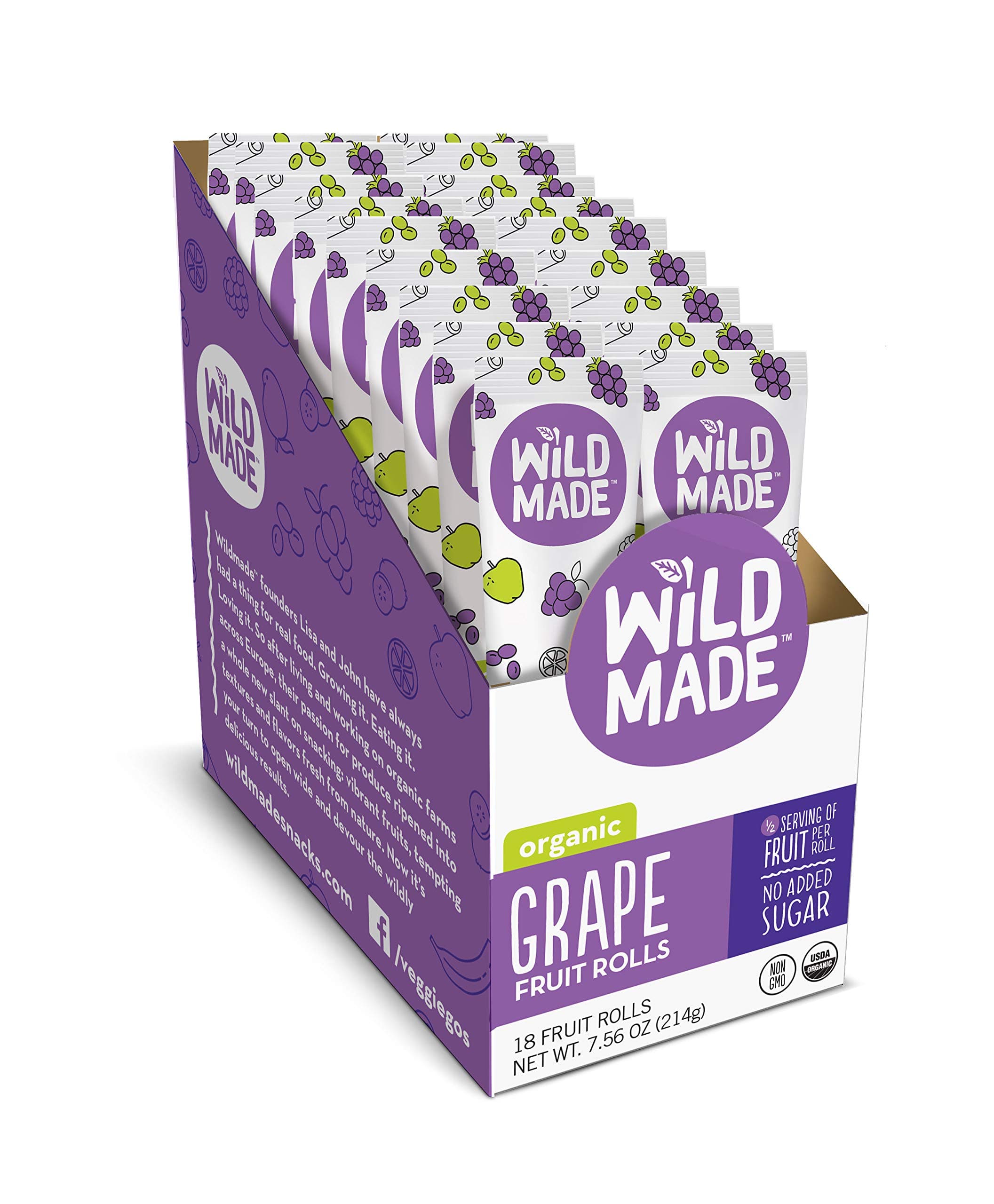 Wildmade Fruit Rolls (Grape) Organic Fruit Snacks with No Added Sugar for Kids and Adults - Gluten-Free, Non-GMO, Vegan - 18 Pack