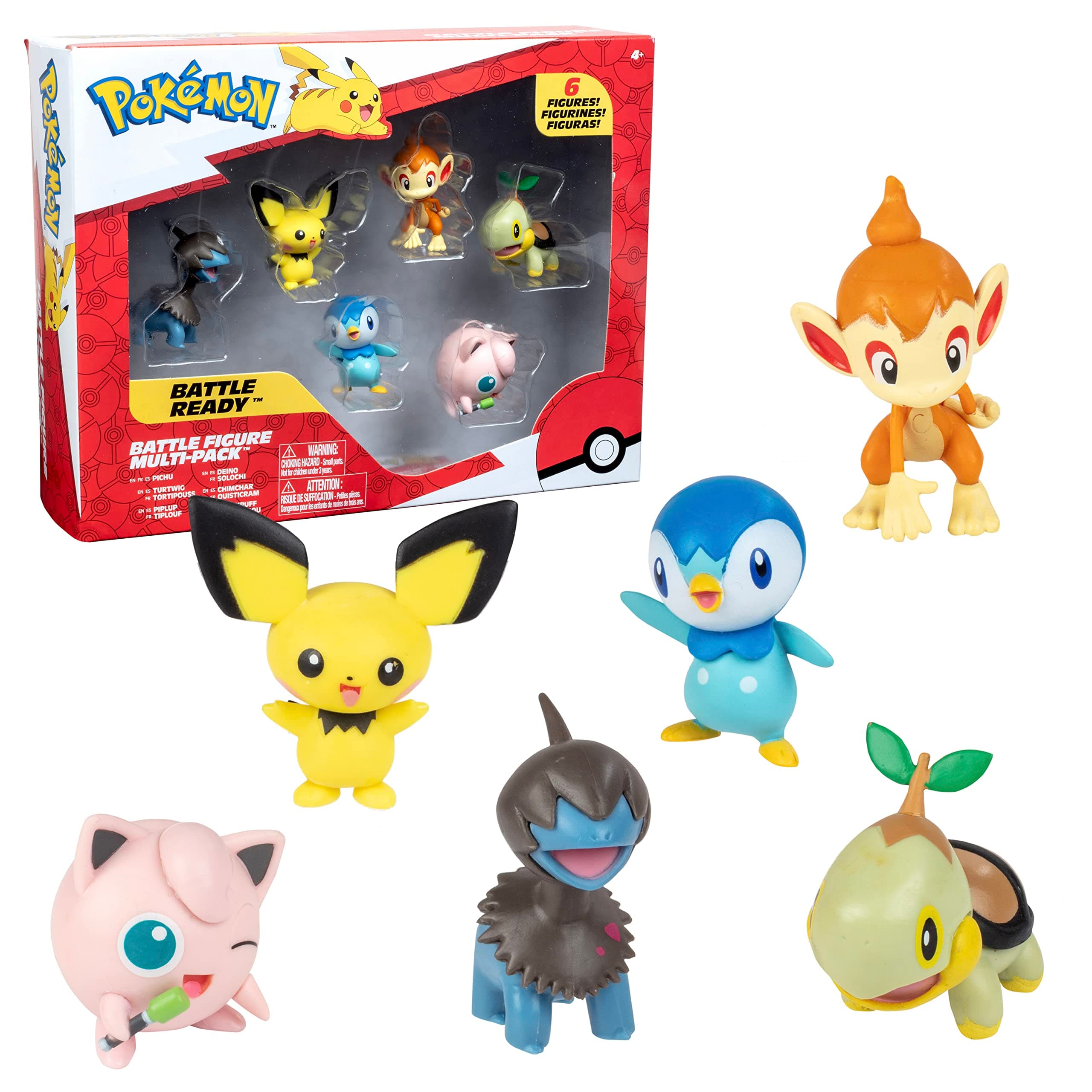 Battle Figure Toy Set - 6 Piece Playset - Includes 2" Pichu, Yamper, Turtwig, Piplup, Chimchar & Deino - Generation 4 Diamond & Pearl Starters - Gift for Kids, Boys & Girls