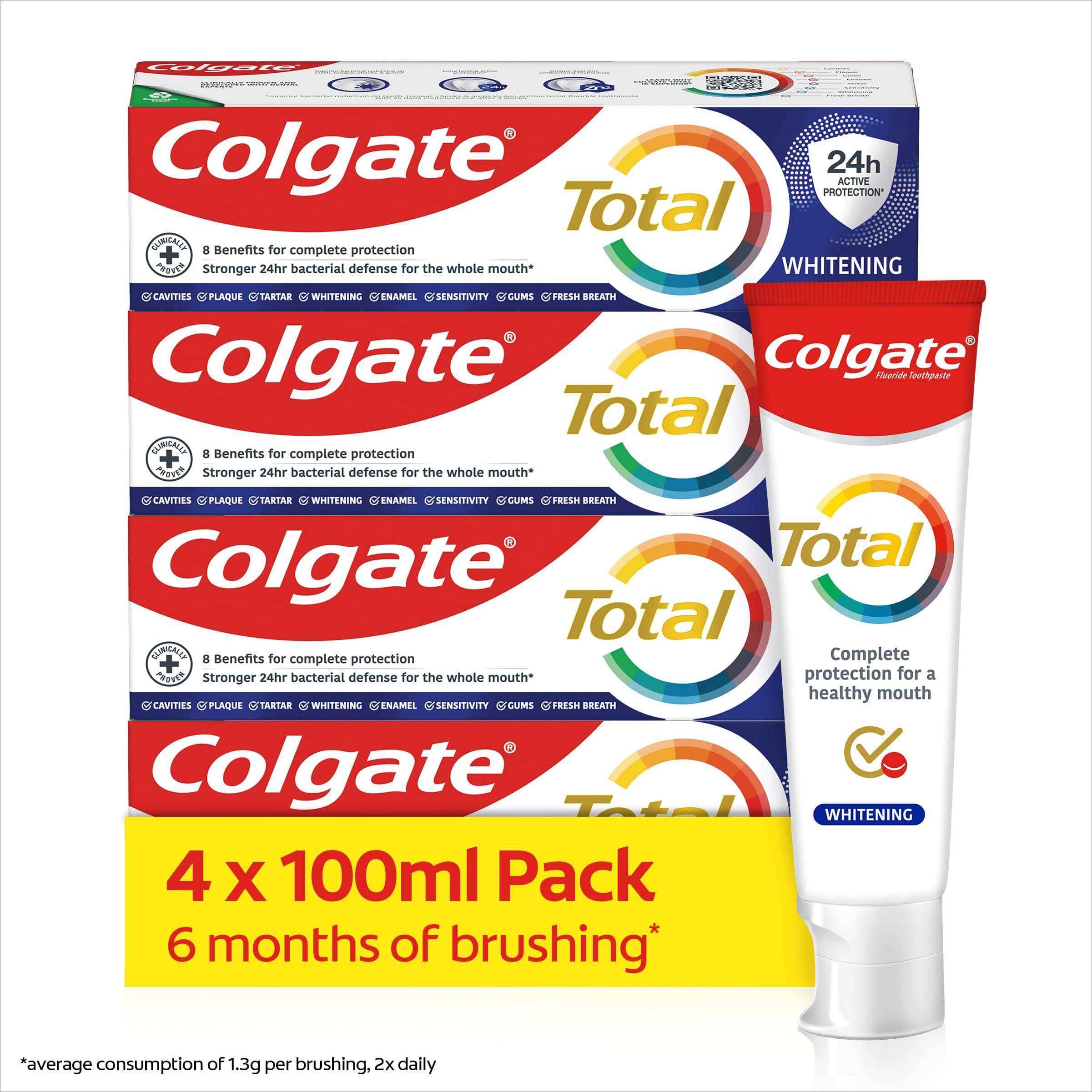 Colgate Total Whitening Toothpaste 100ml X4 - Effectively Removes Surface Stains - 8 Benefits for Complete Protection