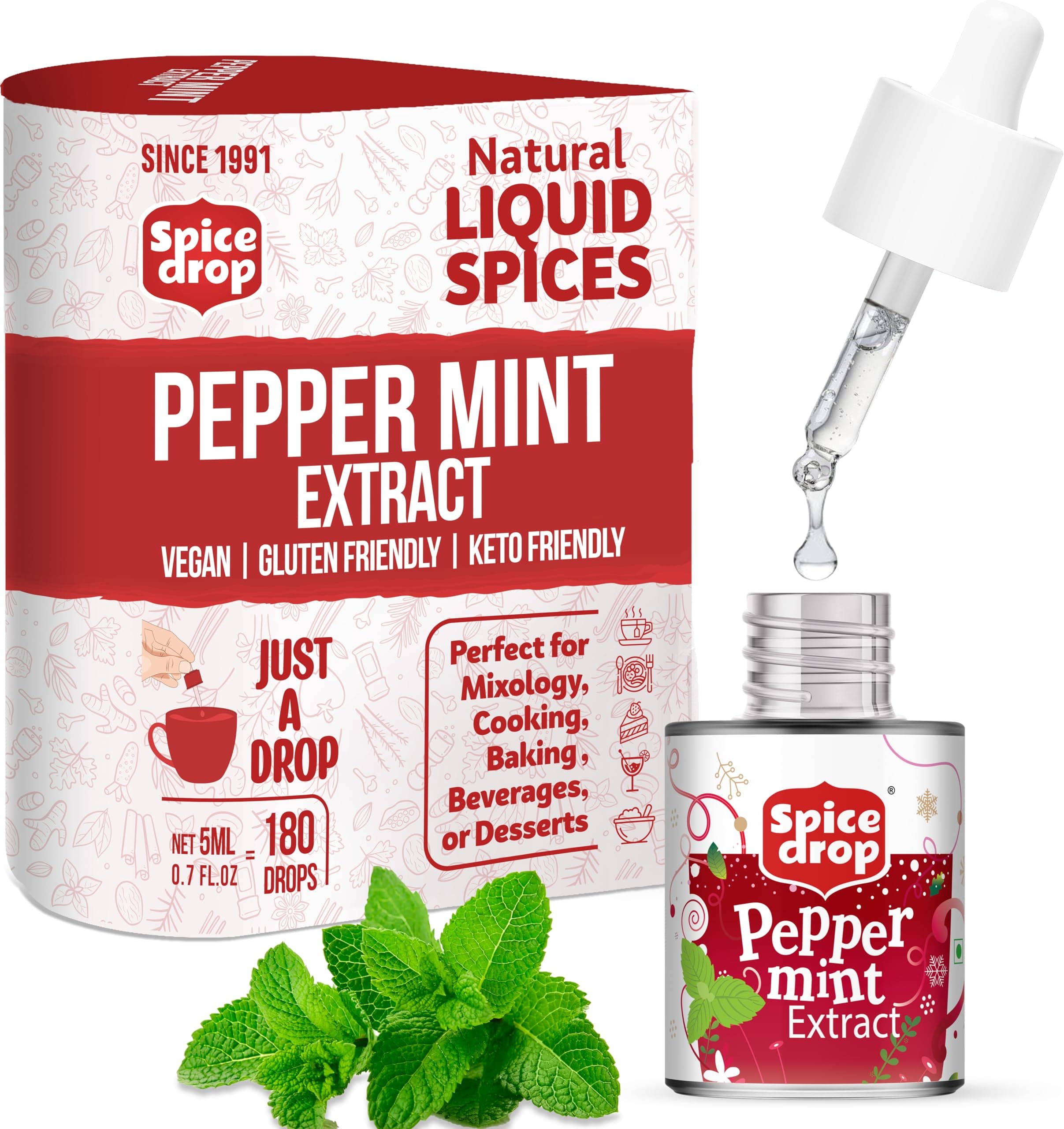 Spice Drop Peppermint Extract - Up to 180 Drops Per Bottle | Tea, Coffee, Cooking, Baking, Dessert | Rich In Quality And Aroma | No Added Color or Preservative | Vegan (0.17oz, Pack of 1)