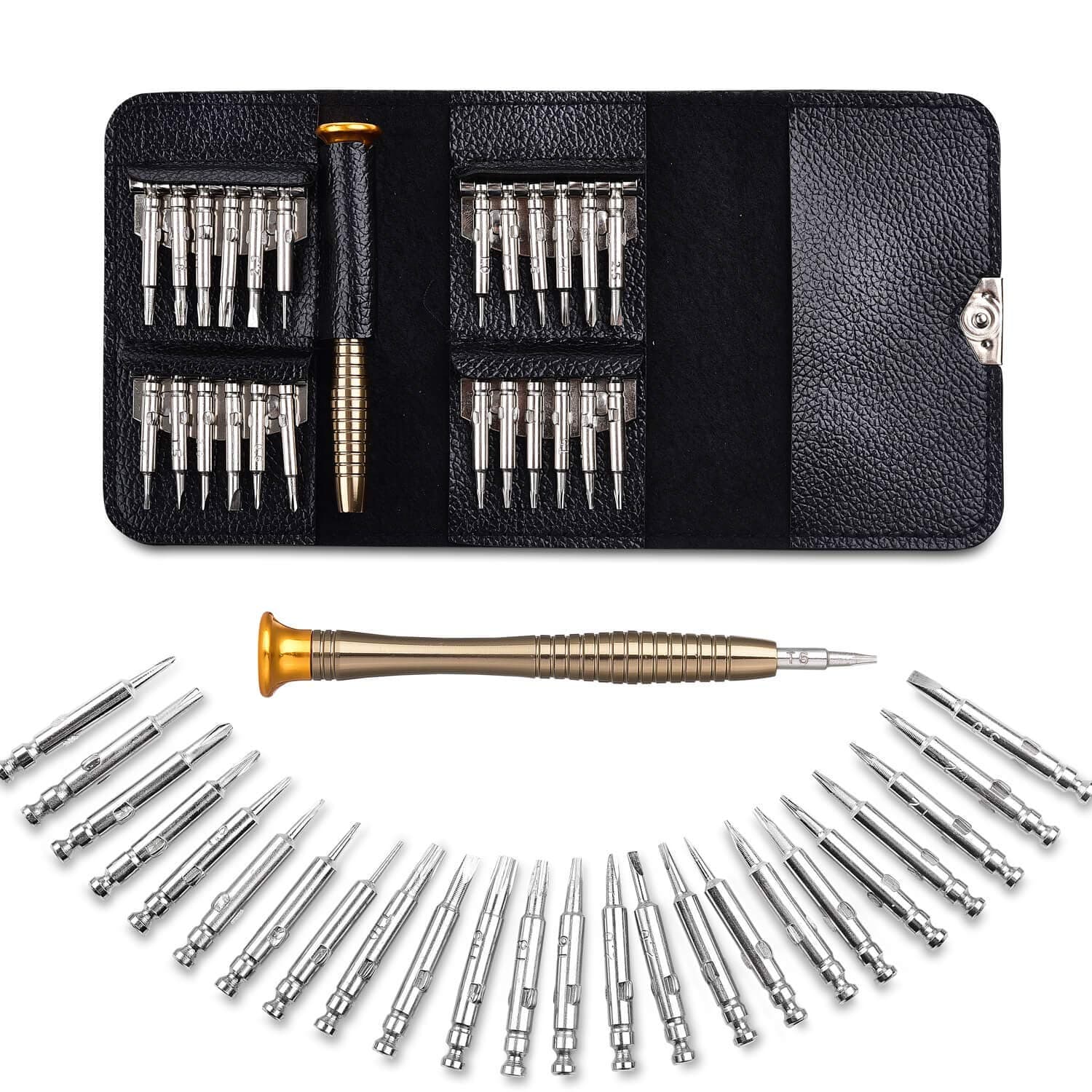 MOOKLIN Screwdriver Set，25 in 1 DIY Mini Precision Screwdriver Repair Tool Kit with Black Leather Bag for Phone, Laptop, PC, Camera, Game Console, Glasses, and More