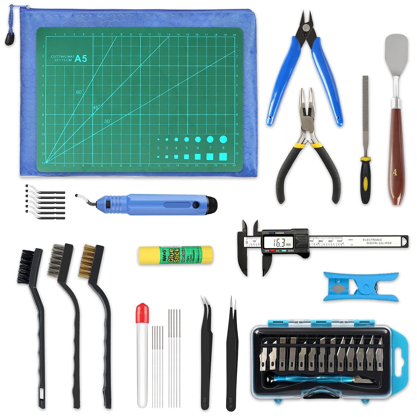 MAKINGTEC 45 Pieces 3D Printer Tools Kit, 3D Printing Accessory Includes Deburring Tool, Digital Caliper, Art Knife Set, Tube Cutter, Storage Bag Suitable for 3D Print Removing, Cleaning, Finishing