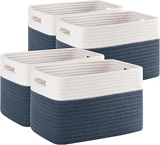 SIXDOVE 4 Pack Shelf Baskets for Organizing Home - Perfect for Toys, Books, and Clothes, Versatile Woven Storage Baskets with Handles, Durable Cube Storage Bins, 13''L x9''W x7.8''H, Blue and White