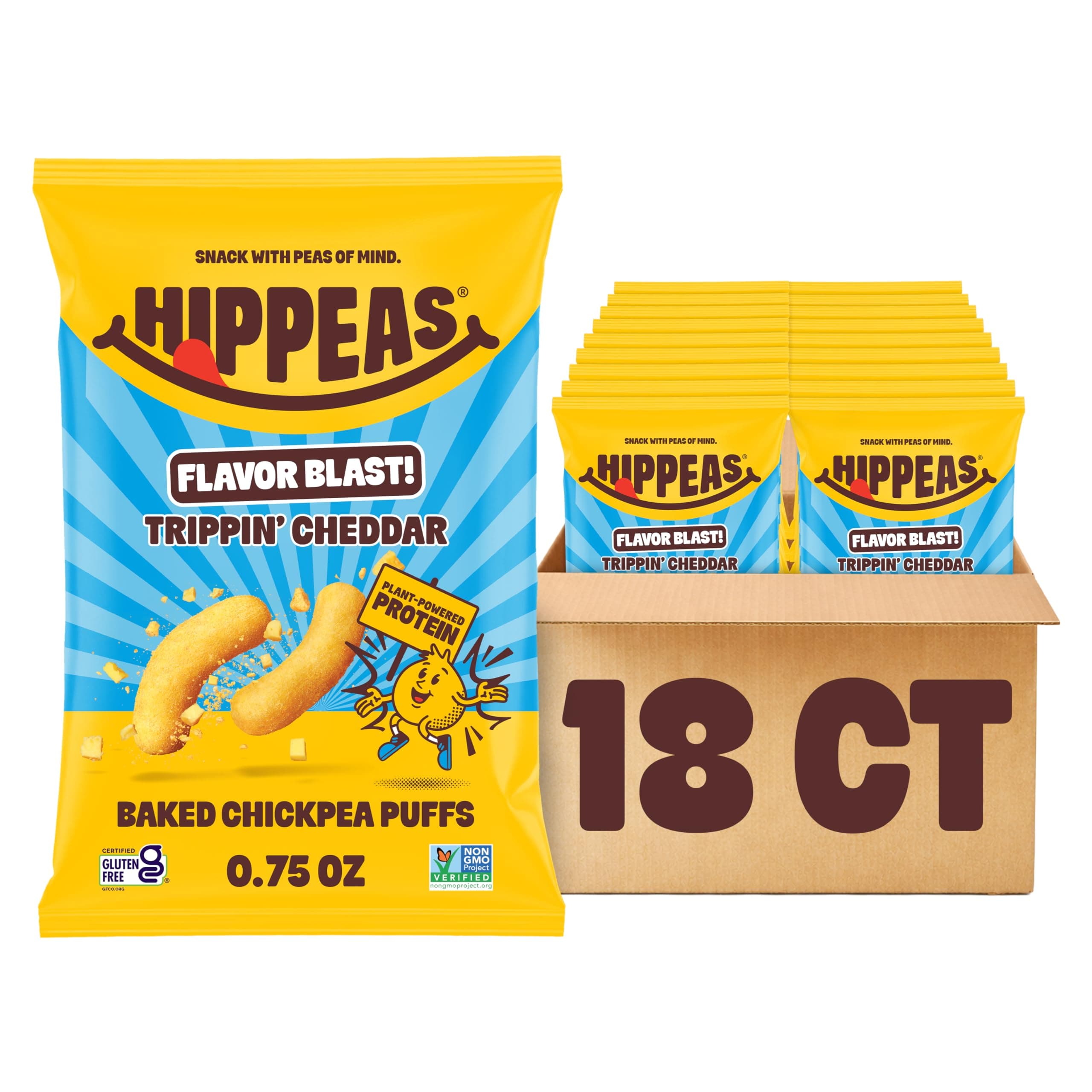 Hippeas Chickpea Puffs, Flavor Blast: White Cheddar Explosion, 0.75 Ounce (Pack of 18), 3g Protein, 2g Fiber, Vegan, Gluten-Free, Crunchy, Plant Protein Snacks