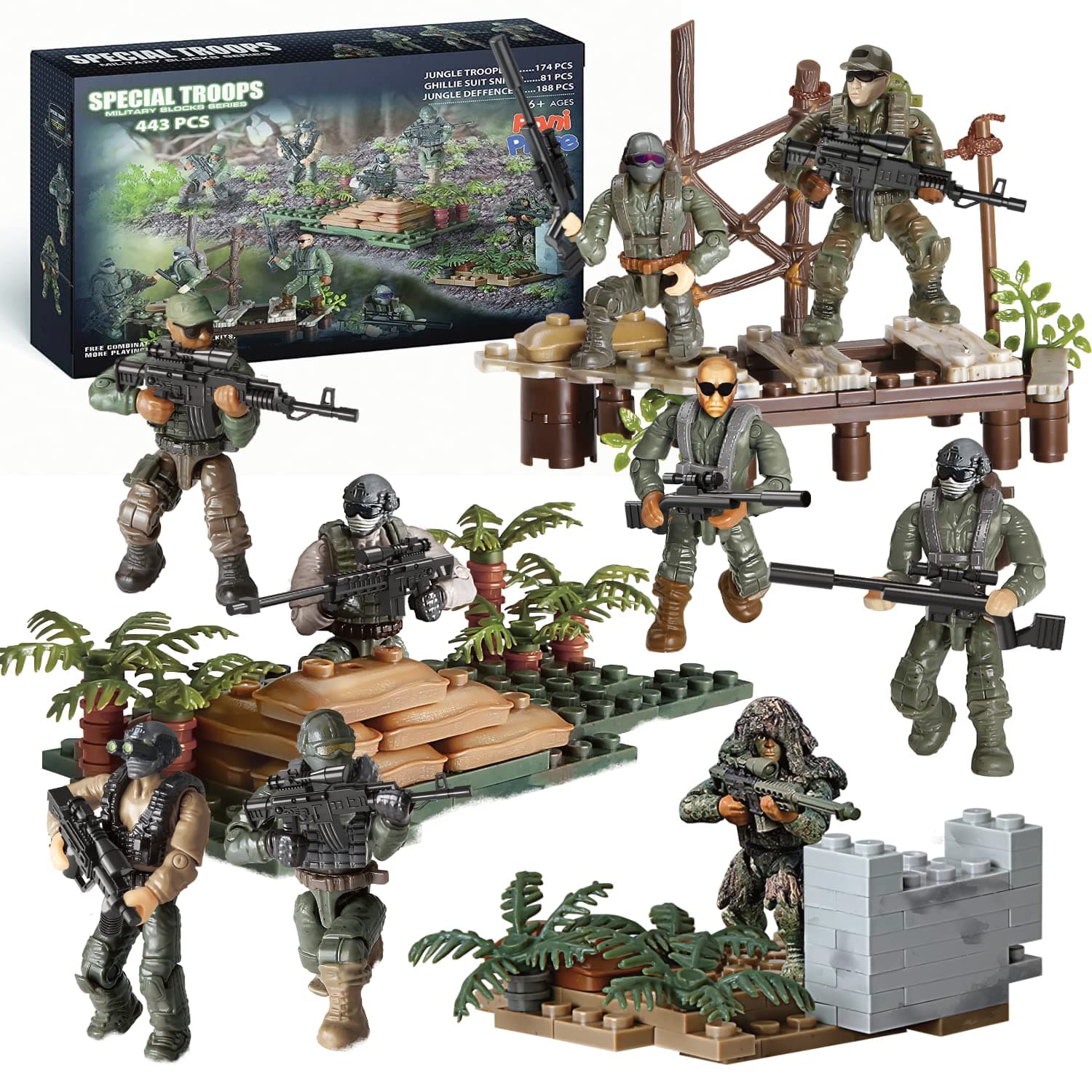 Special Forces Mini Action Figures - 3 Army Building Sets 9 soldiers, Jungle Troopers, Ghillie Suit Sniper, Jungle Defence Squad - for 10 11 12+ Boys Kids , 443 Pcs Building Block Game