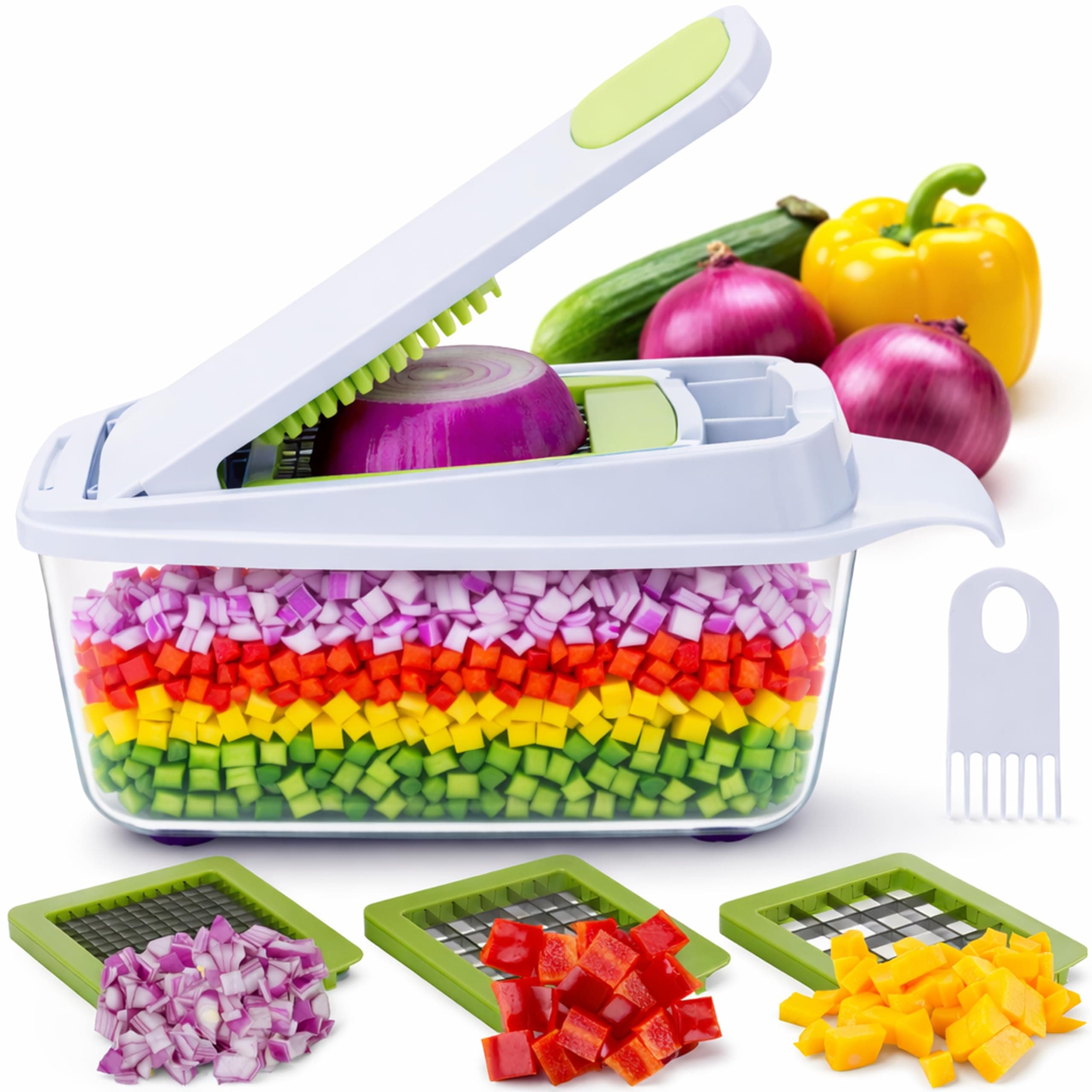 QuickPush Food Chopper (BR-QP-02): 200% More Container Capacity, 30% Heavier Duty, Kitchen Vegetable Fruit Dicer, Onion Tomato Potato Fries Cutter, with 3 Dicing Blades & Lid