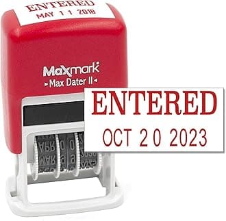 MaxMark Self-Inking Rubber Date Office Stamp with ENTERED Phrase & - RED INK (Max Dater II), 12- Band
