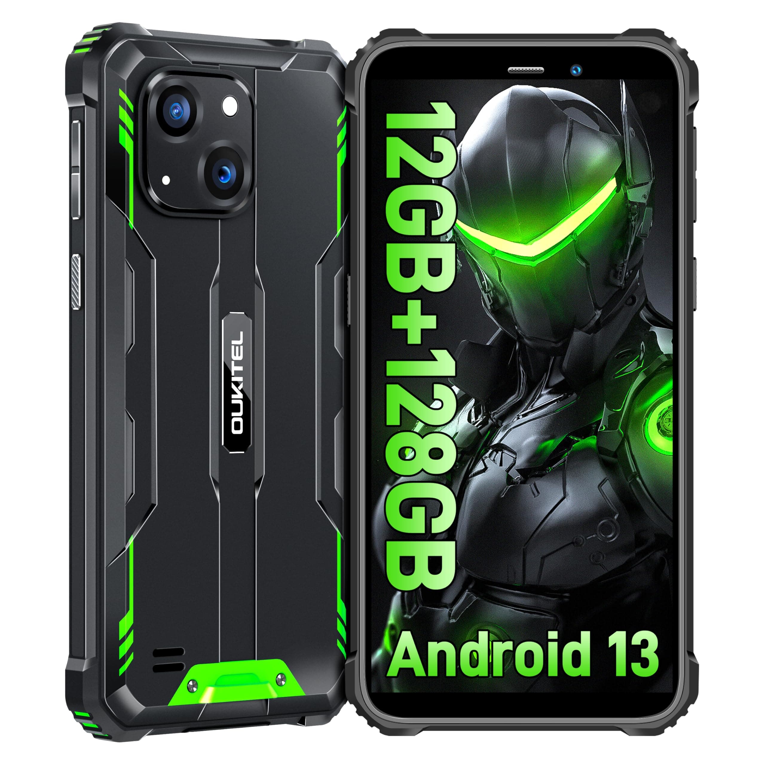 OUKITEL WP32 Rugged Phone - 12GB(4+8) RAM+128GB ROM Rugged Smartphone Android 13, 6 Inches 6300mAh IP68/IP69K Waterproof Mobile Phones Dual SIM 4G, 20MP+5MP Camera,OTG,NFC,GPS, Green