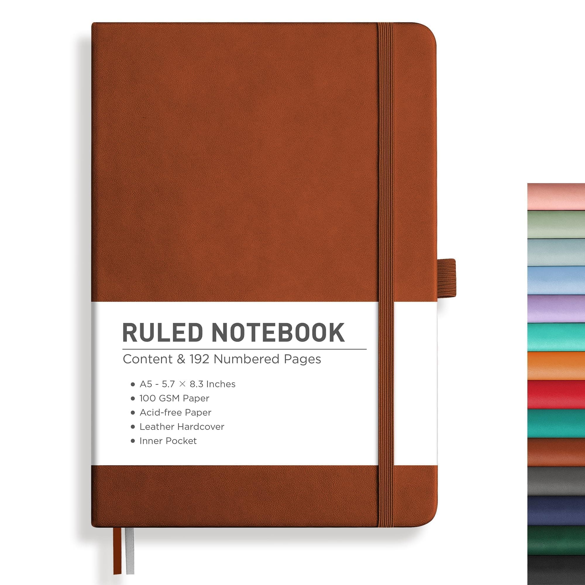 RETTACY Lined Journal Notebook - A5 Leather Notebook Writing Journal with 192 Numbered Pages,Hardcover,100gsm Thick Paper 5.75'' × 8.38''