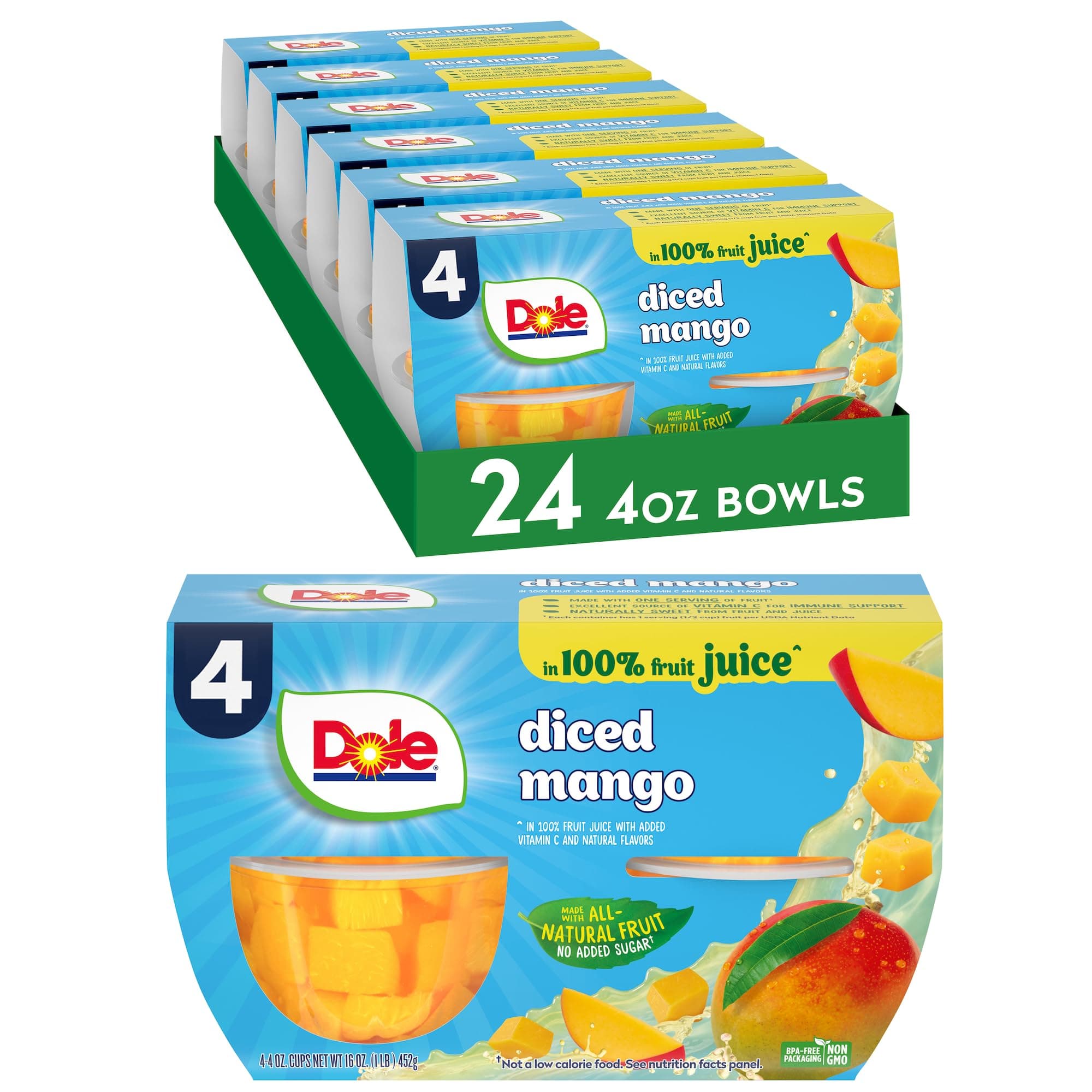 Dole Diced Mango in 100% Fruit Juice - Dole Fruit Bowls - 4 oz Bowls - 24 Pack